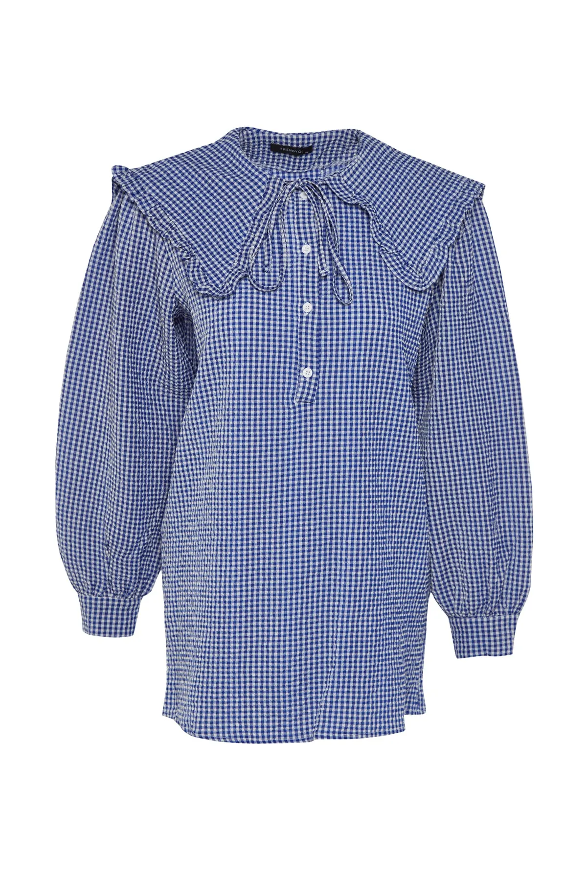 Trendyol Modest  Blaue, gewebte Tunika mit Gingham-Muster und Babykragen TCTSS23UK00065