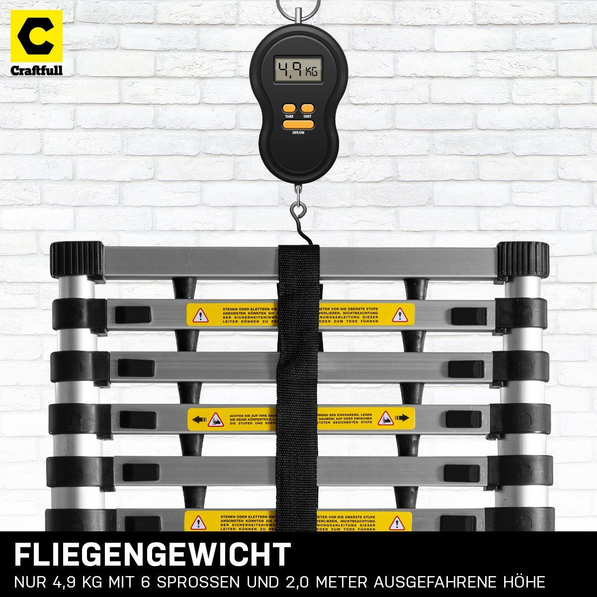 Craftfull Teleskopleiter Ausziehleiter CF-101A - 3 J. Garantie - 2 - 4.4 m - Finger-Protection (inkl. Tragetasche - 150 kg Traglast - Alu Stehleiter bis 150 kg - Anlegeleiter - Trittleiter - Wandleiter - Arbeitsbühne - Multigerüst - Haushaltsleiter -