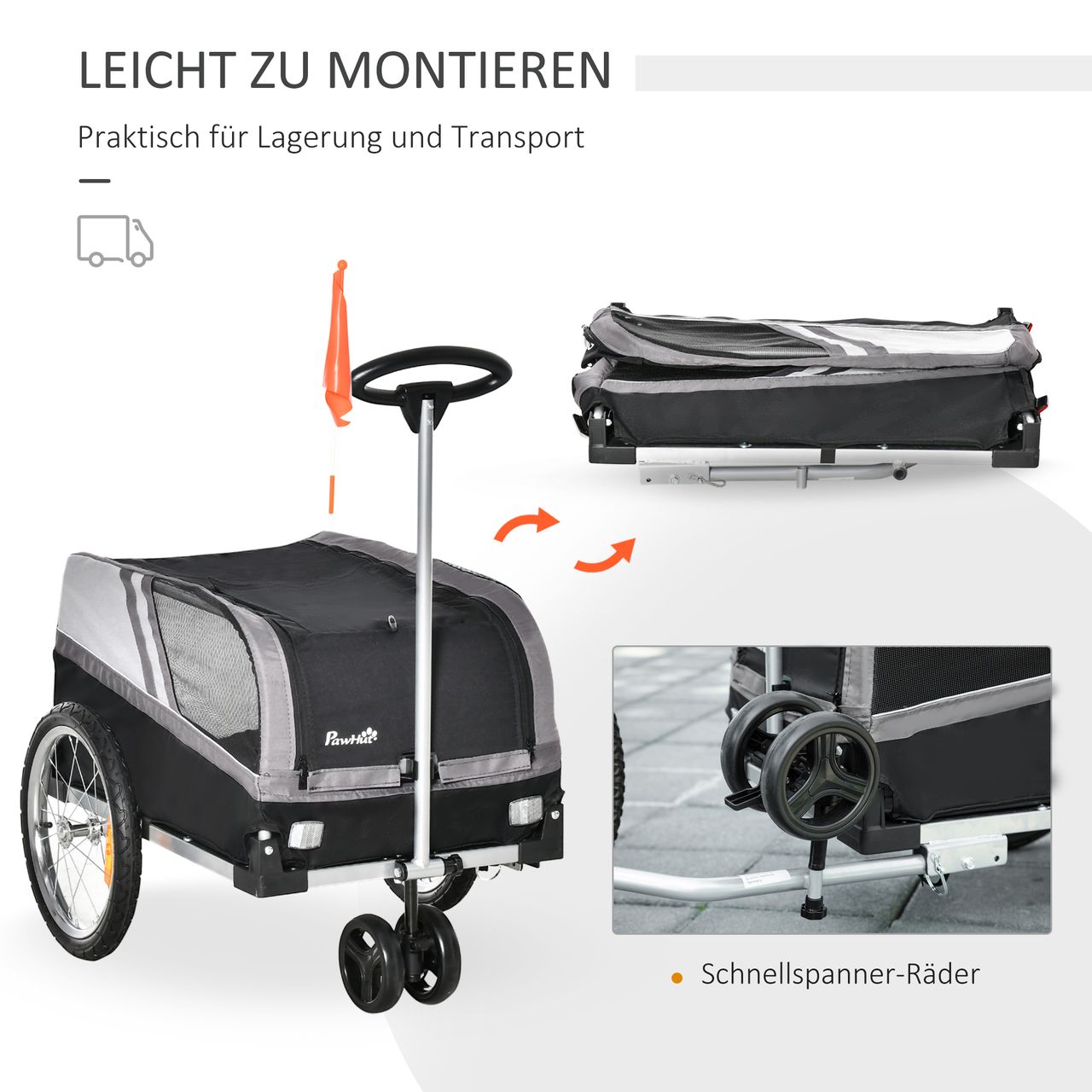 PawHut 2-in-1 Hundeanhänger Trolley für Haustier Lastenanhänger Schwarz Silber