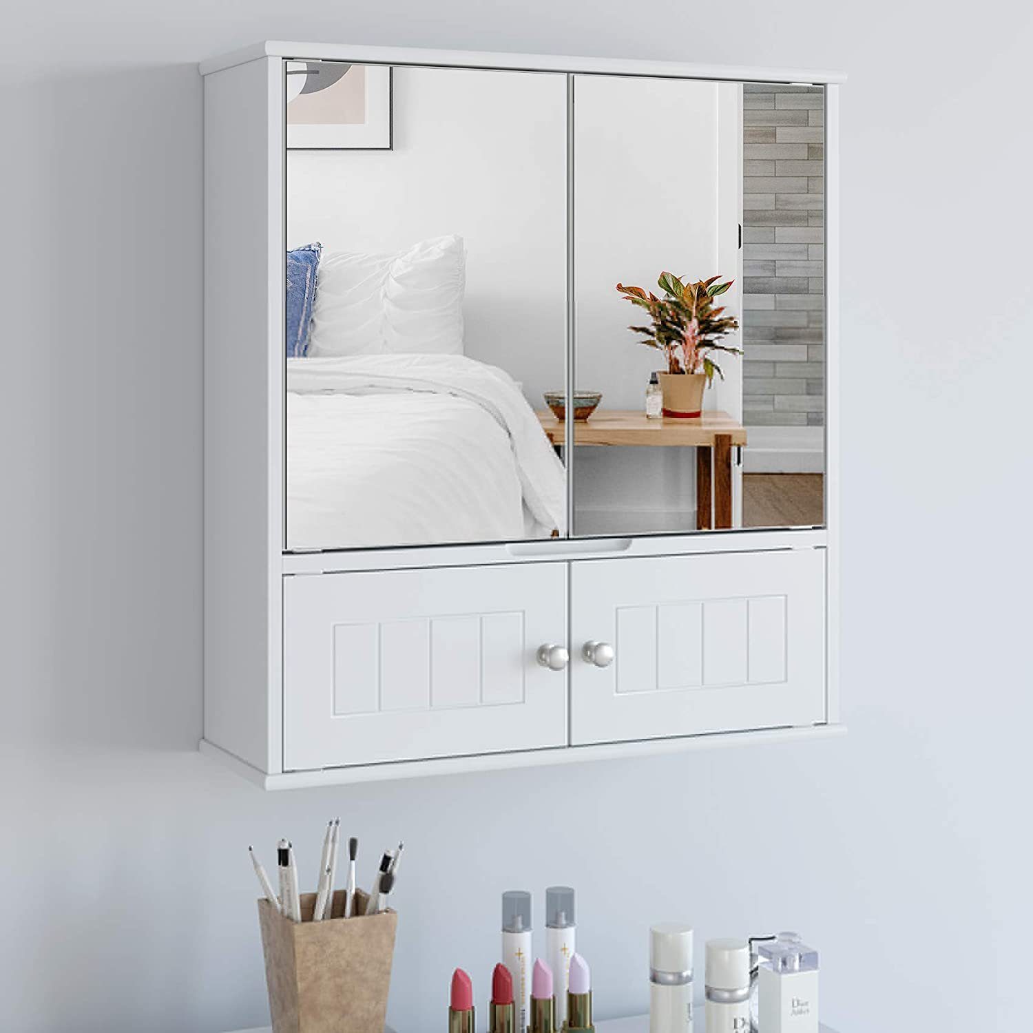 HOMECHO Badezimmerspiegelschrank Hängeschrank Weiß Badschrank mit Ablage