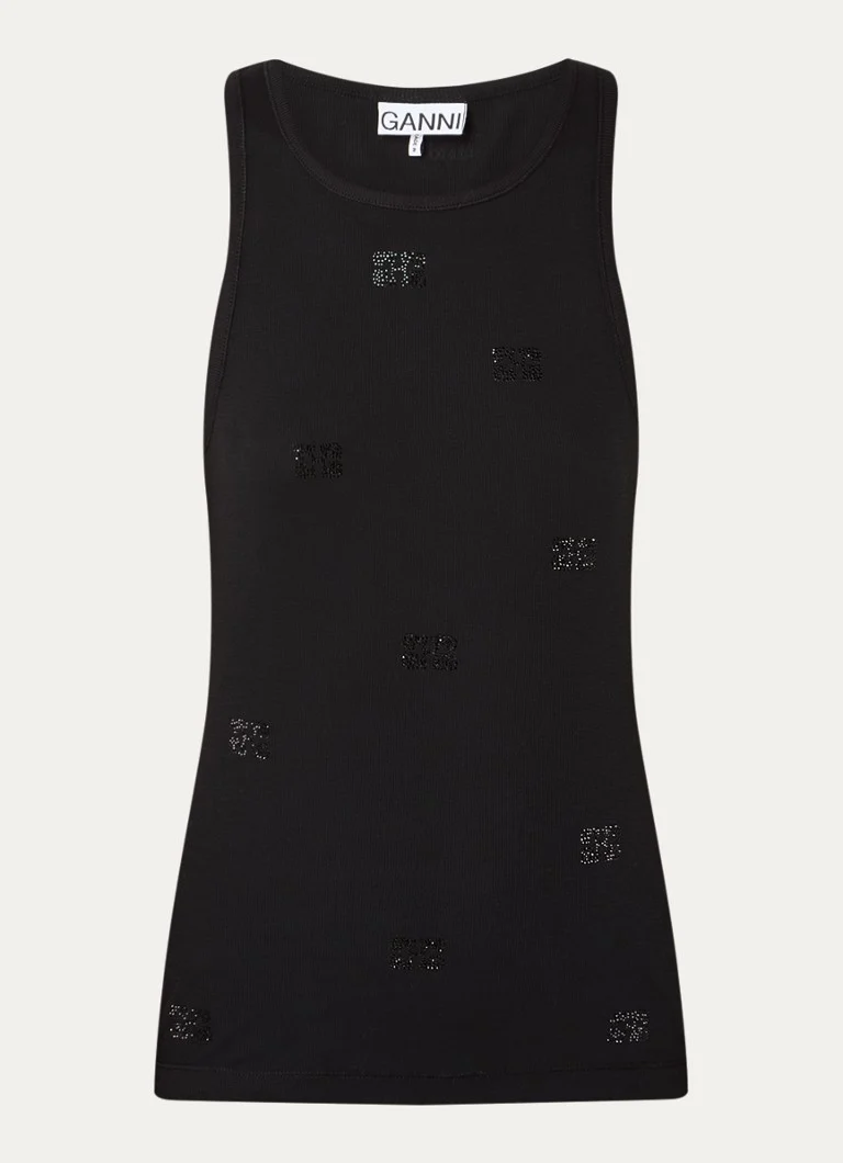 Ganni tanktopp i økologisk bomull med logotrykk og strass