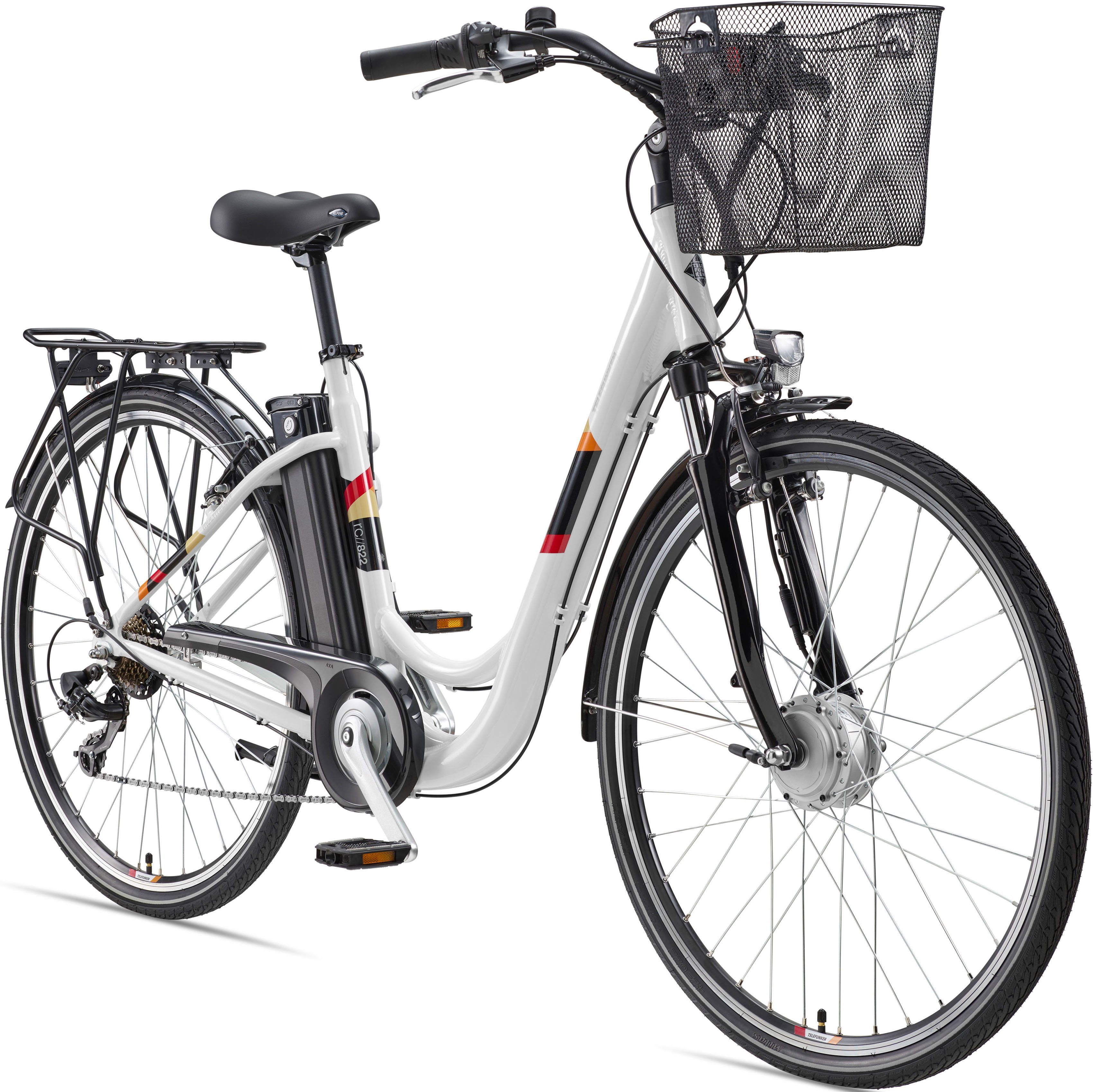 Telefunken E-Bike Multitalent RC822, 7 Gang Shimano Tourney Schaltwerk, Kettenschaltung, Frontmotor, 374,4 Wh Akku, mit praktischem, abnehmbaren Einkaufskorb