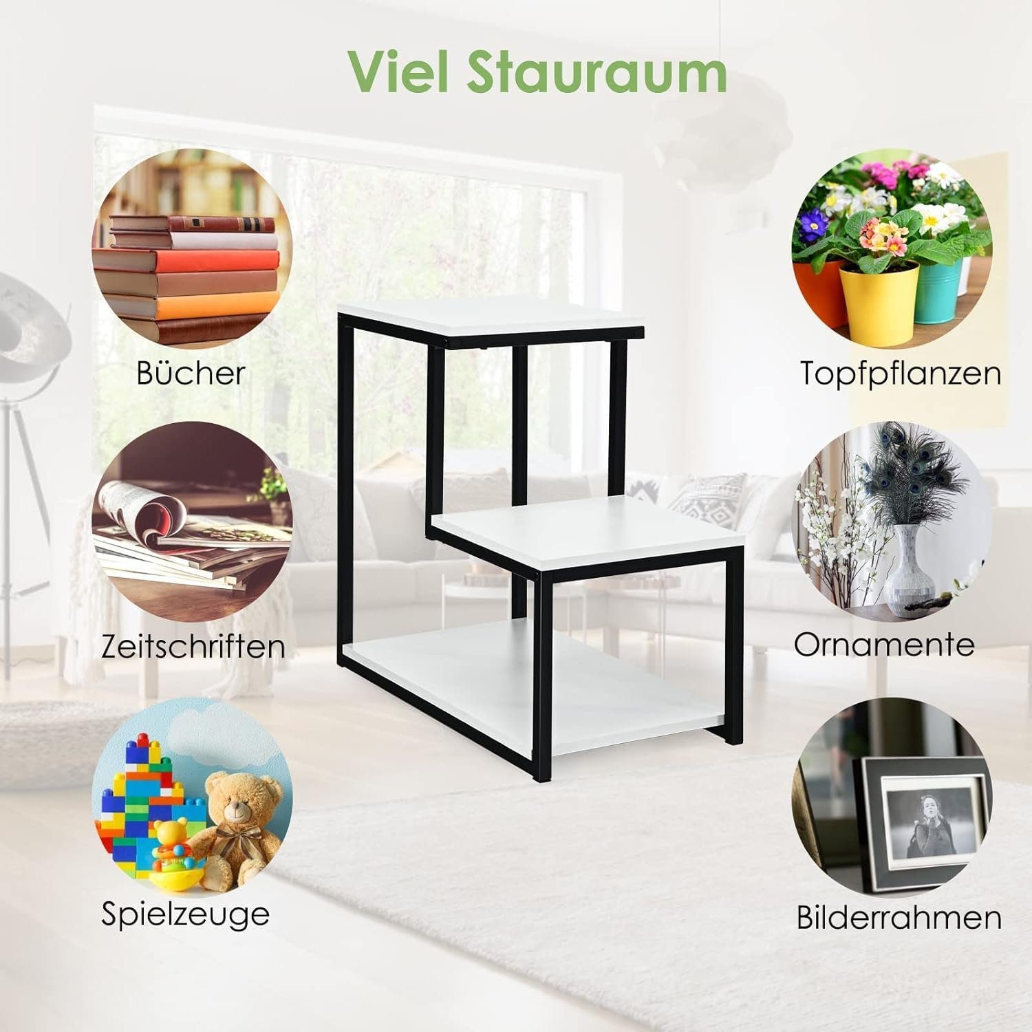 KOMFOTTEU Beistelltisch Kaffeetisch, mit Stahlrahmen, 3 Ebenen