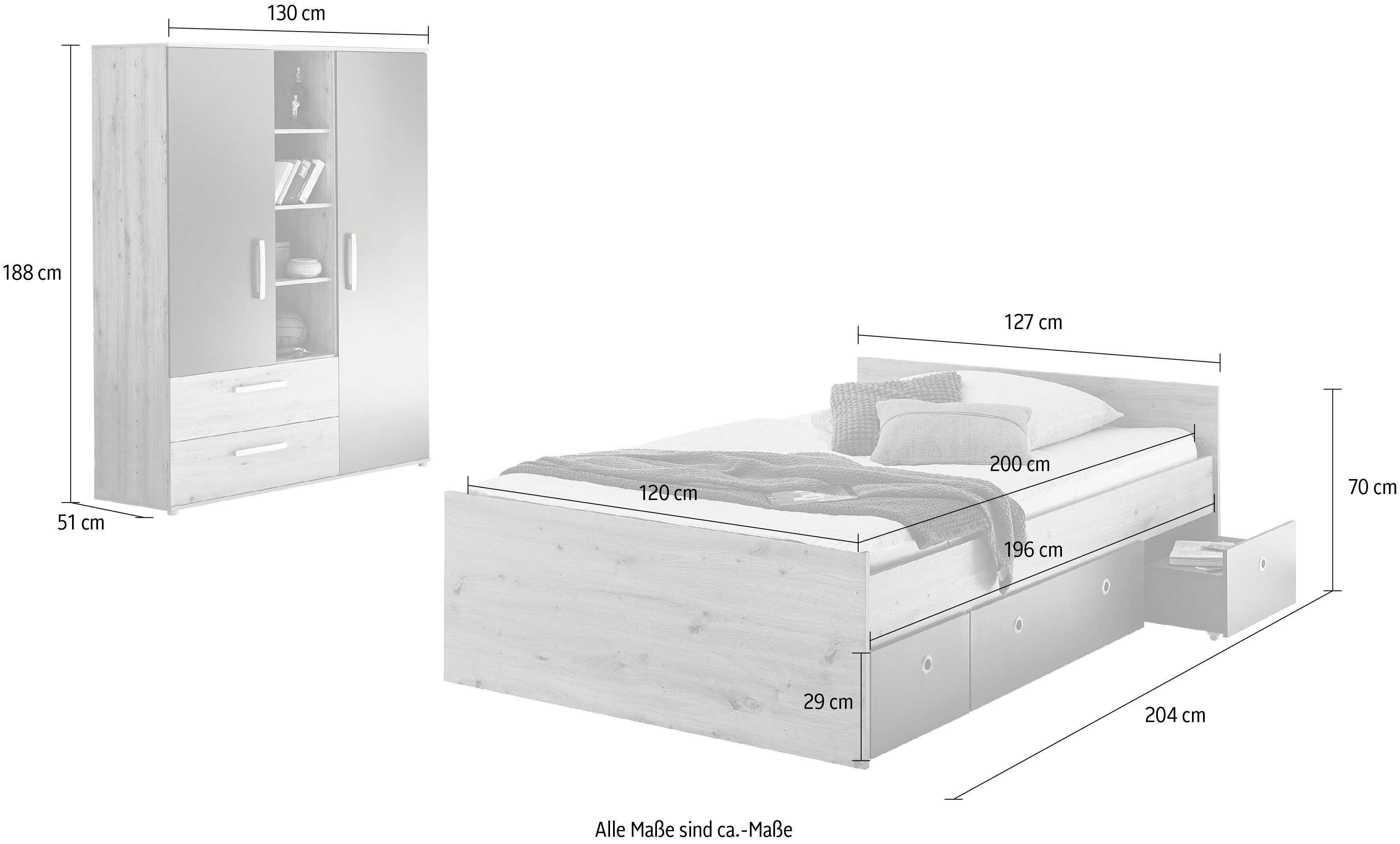 arthur berndt Jugendzimmer-Set Alessio, (Set, 3-St., Bett und Kleiderschrank), mit Melamin-Oberfläche