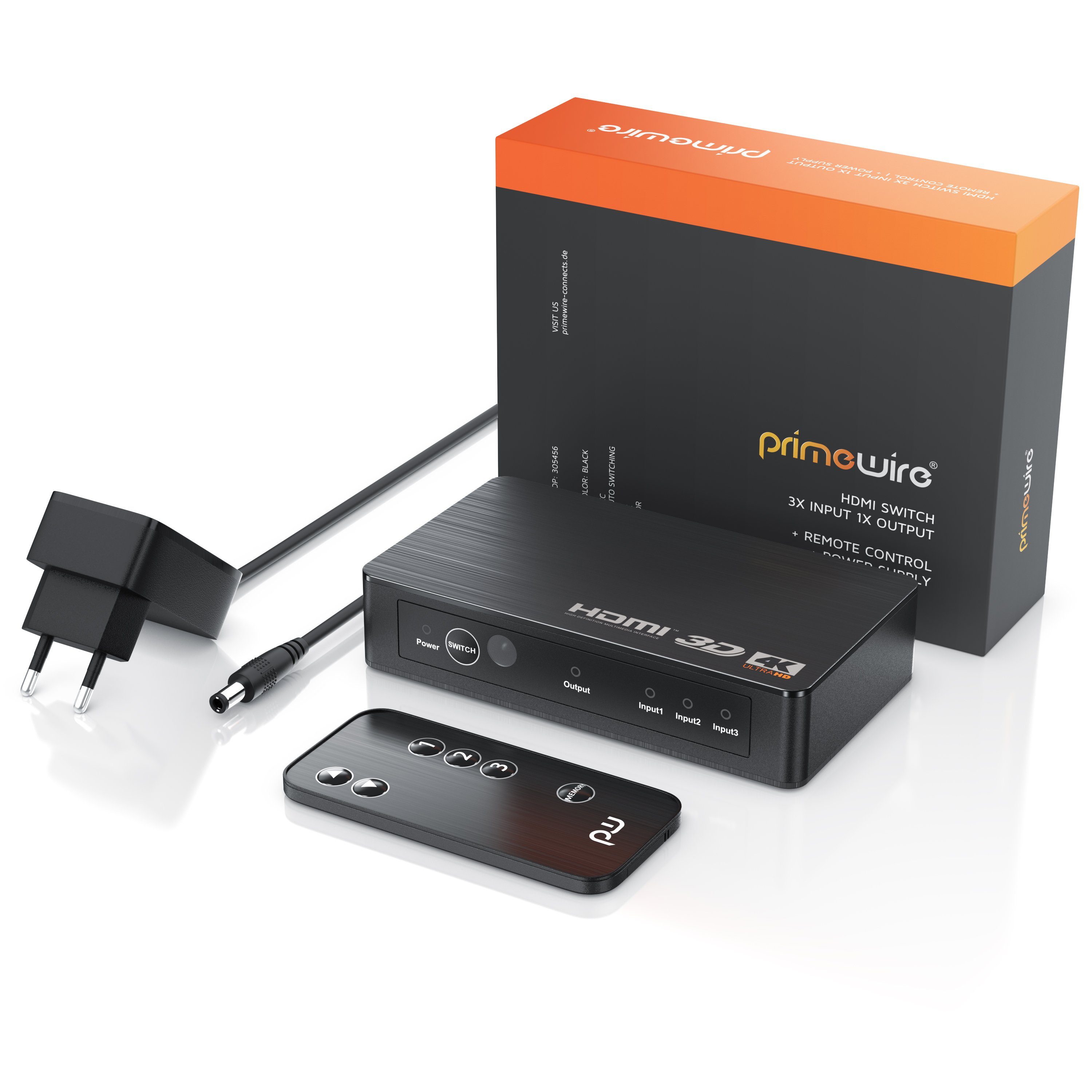 Primewire Audio / Video Matrix-Switch, HDMI 2.0b Verteiler 4k 60Hz UHD, 3 Port, Fernbedienung, Netzteil