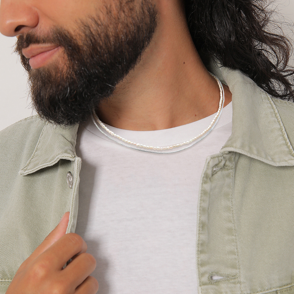KUZZOI KUZZOI Collier Hommes Tendance Simple avec perles d'eau douce en argent sterling  collier
