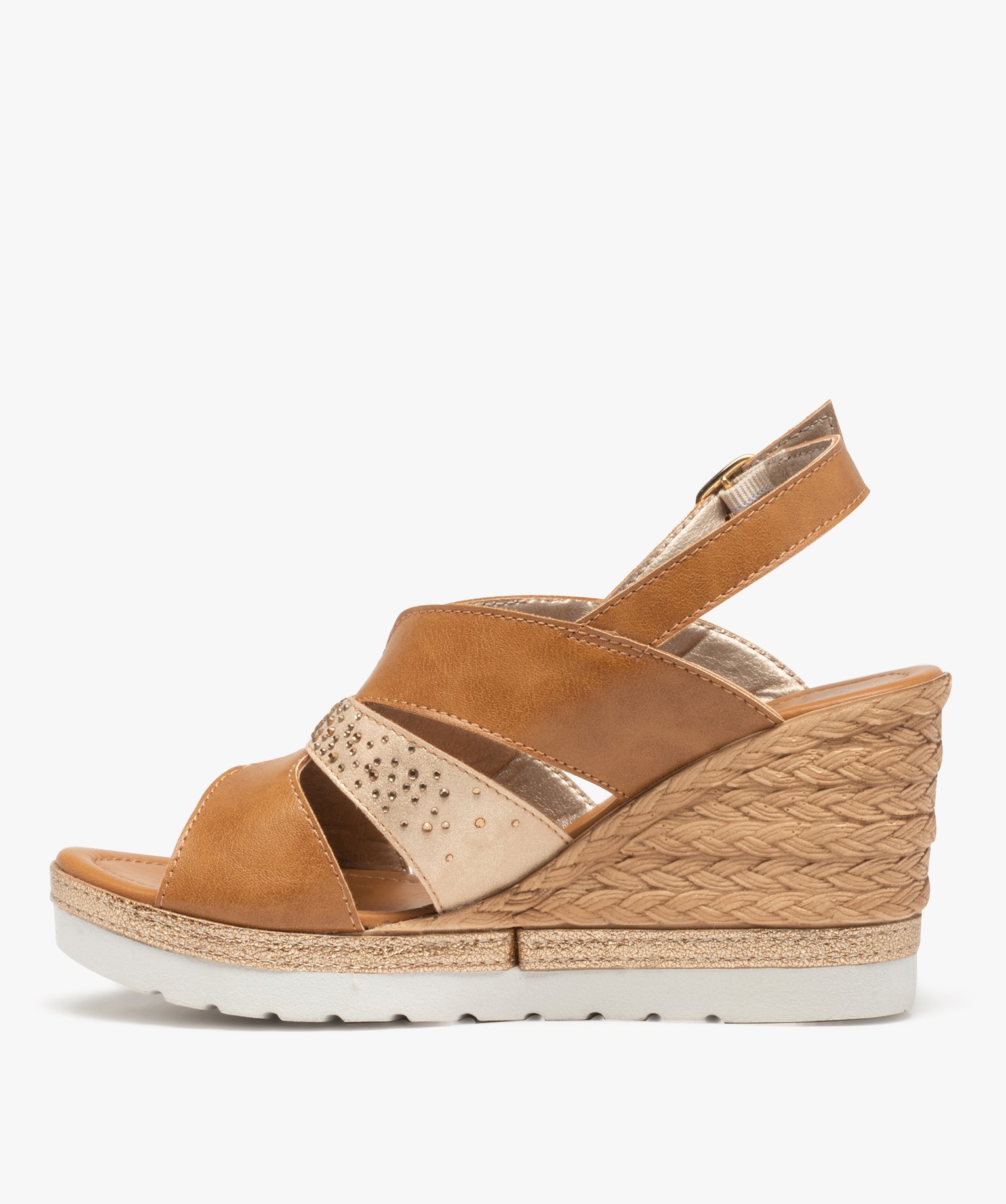 Sandales femme compensées bride métallisée à strass camel | GEMO