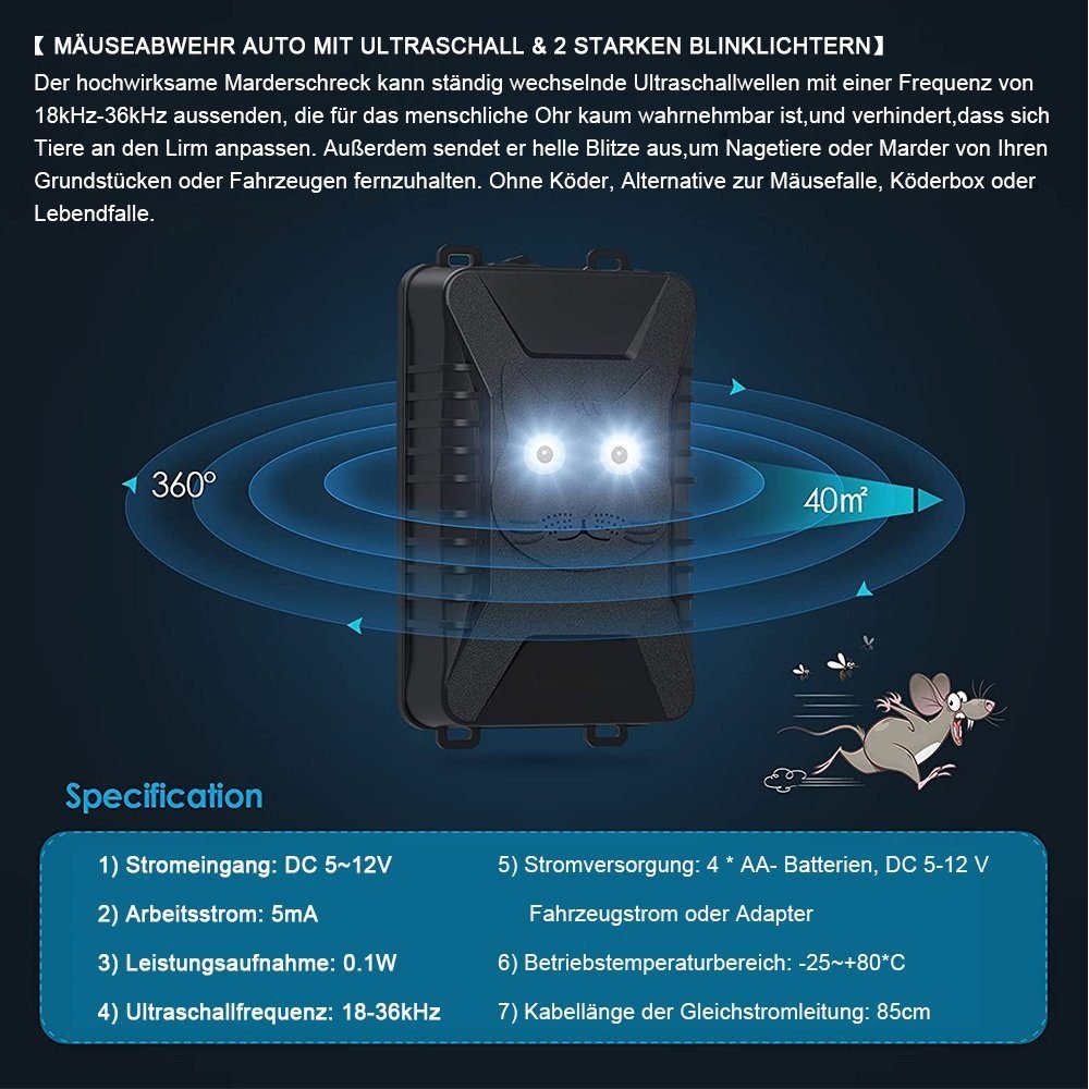 XERSEK Ultraschall-Tierabwehr DC 5-12V Ultraschall Marderschutz Auto Marderschreck Marderabwehr, 18-36kHz 0.1W Schwarz