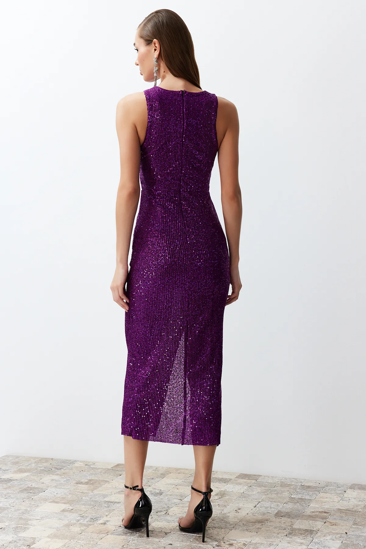 Trendyol Collection  Lila Bodycon Strick Glitzer Pailletten Pailletten Elegantes Abendkleid