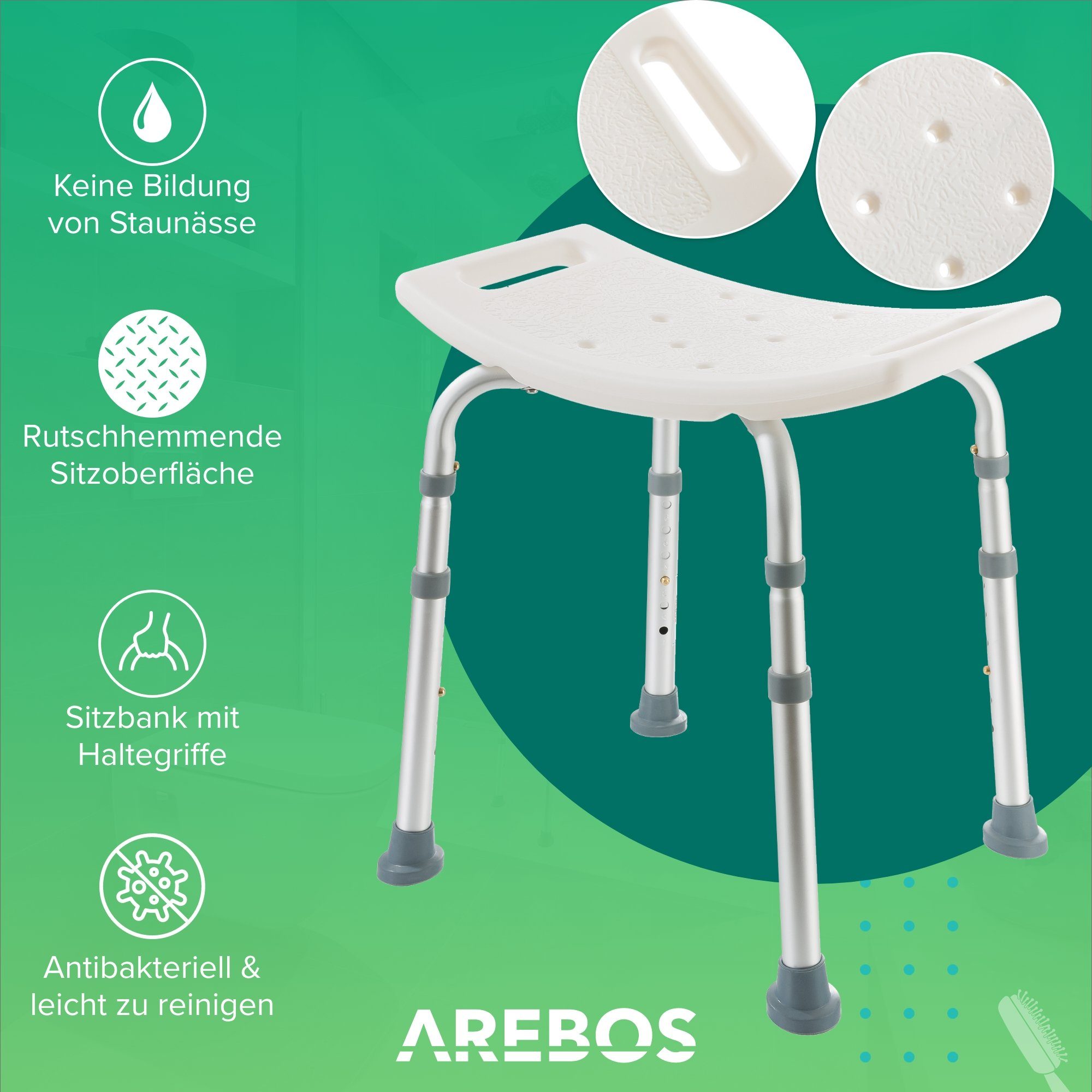 Arebos Dusch- und Badhocker Höhenverstellbar, Aluminium-Rahmen, Anti-Rutsch-füße, belastbar bis 100 kg, Gummifüße