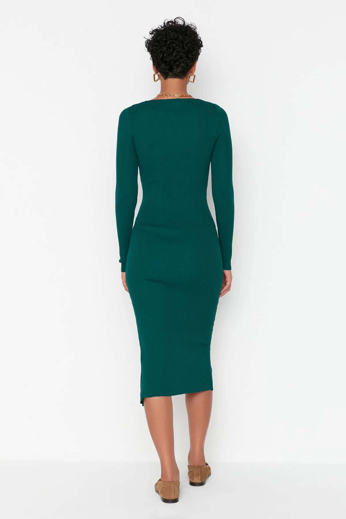 Trendyol Collection  Petrolfarbenes Strickkleid mit eckigem Ausschnitt und Schlitz TWOAW23EL00181