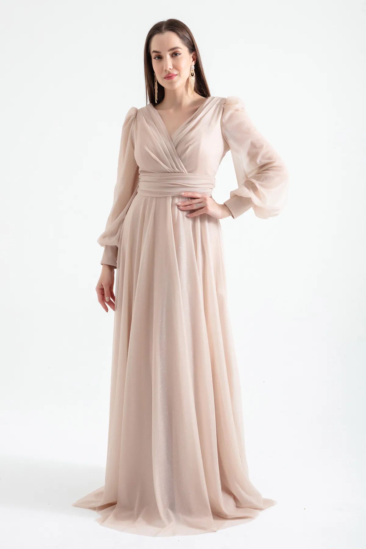Lafaba  Beiges, glitzerndes, langes Abendkleid mit V-Ausschnitt für Damen