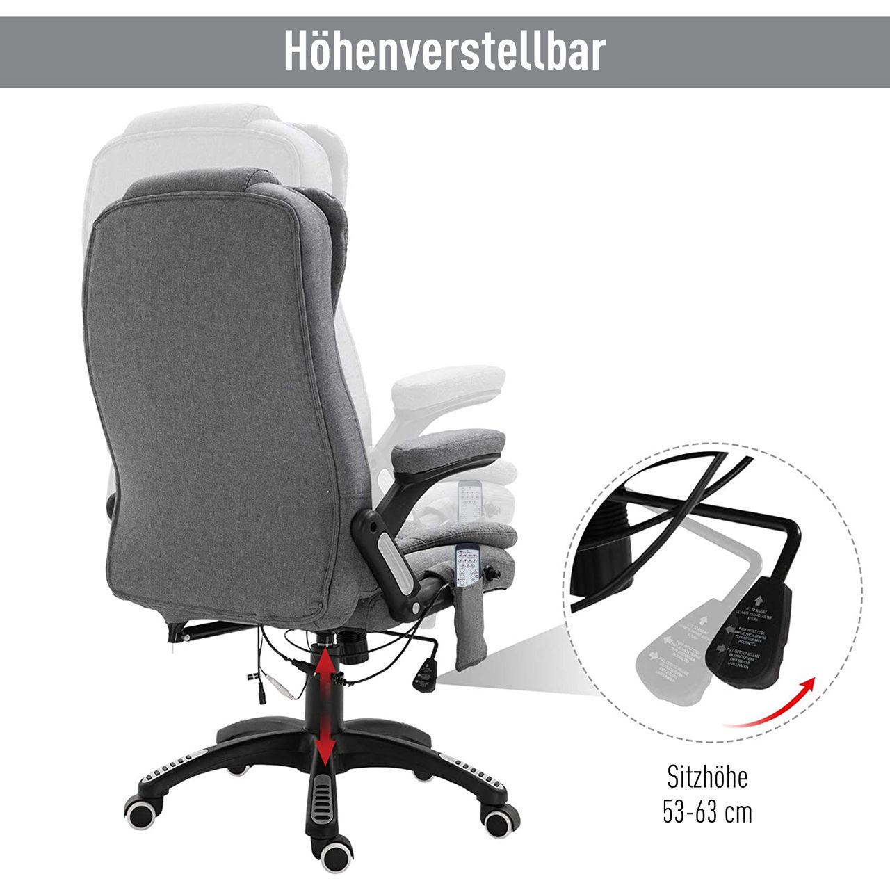 Vinsetto Massage Sessel, Bürostuhl mit Massagefunktion, Gaming Stuhl, höhenverstellbarer Chefsessel, ergonomischer Drehstuhl, PU-Räder, Grau, 67 x 74 x 107-116 cm