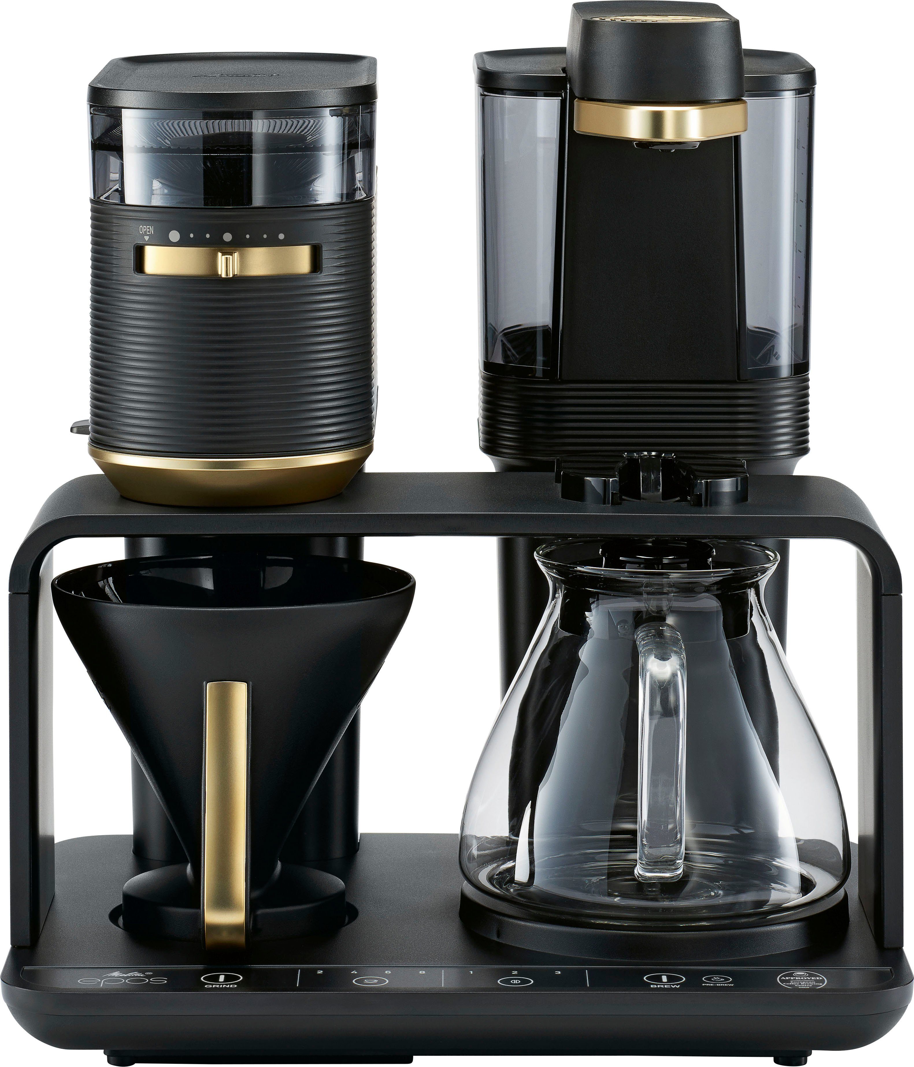Melitta Kaffeemaschine mit Mahlwerk EPOS® 1024-04, 1l Kaffeekanne, Papierfilter 1x4, Schwarz/Gold, 360°rotierender Wasserauslauf
