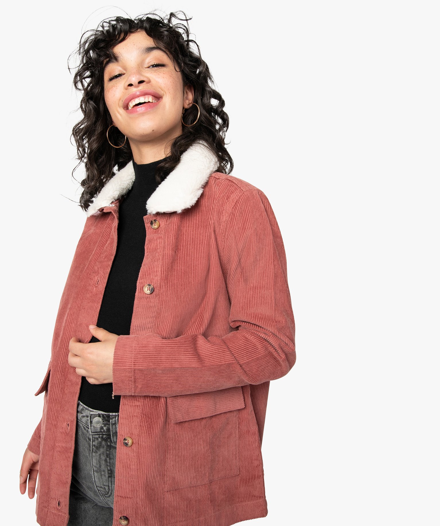 Blouson femme en velours ctelé avec col amovible rose | GEMO
