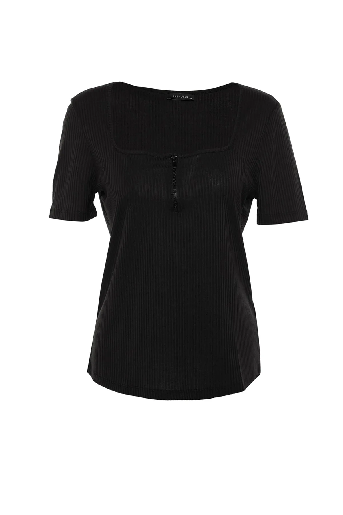 Trendyol Curve  Schwarze Strickbluse mit quadratischem Kragen und Reißverschluss TBBSS22BZ00005