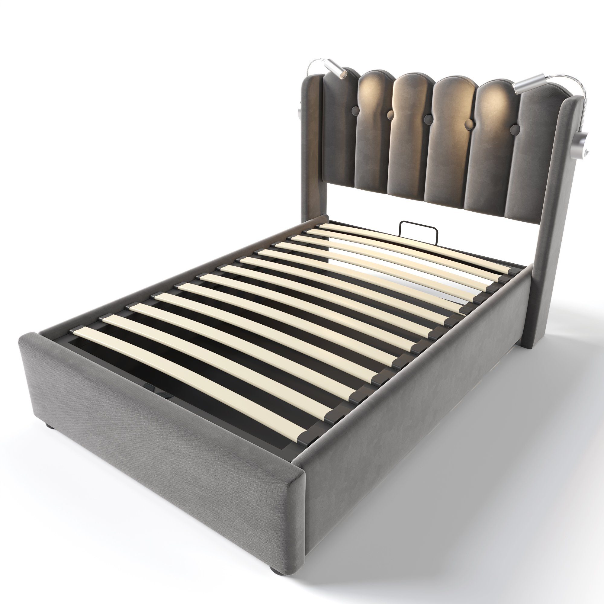 Fangqi Polsterbett 90x200 gepolstertes Bett,2 Leselampen,USB-Aufladung,großer Bettkasten (Einzelbett, Jugendbett, Familienbett, Weicher Bettrahmen, USBx2, Leselampex2, Bettkasten), Bettkasten mit Oxford-Tuch, Eisenrahmen, Gasdruckfederbetten