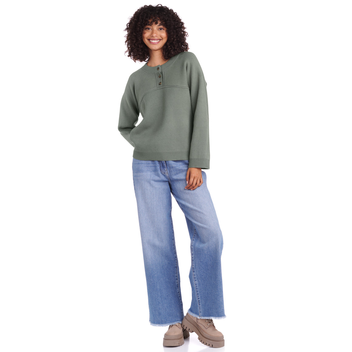 Damen Pullover mit kurzer Knopfleiste