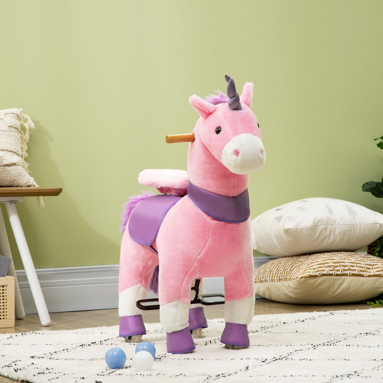 HOMCOM Reitpferd, Einhorn Stehpferd auf Rollen, Stehpferd mit 2 Pedalen, Rosa