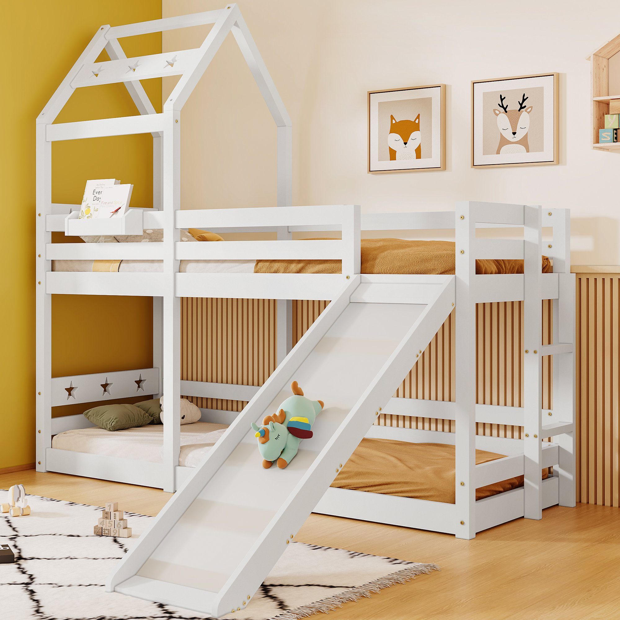 BlingBin Etagenbett Kinderbett Baumhaus Hochbett für Kinder (1-St., mit Rutsche & Leiter 90 x 200 cm), Rundum-Absturzschutz