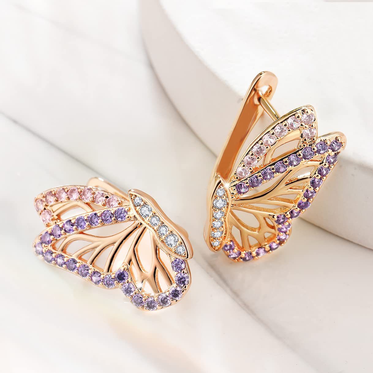 POCHUMIDUU Paar Ohrhänger Schmetterling Ohrringe für Frauen, Gold Hoop Ohrringe (2-tlg., Rose Gold Schmetterling Ohrringe), Trendy hypoallergene Ohrstecker mit kubischem Zirkoniumdioxid