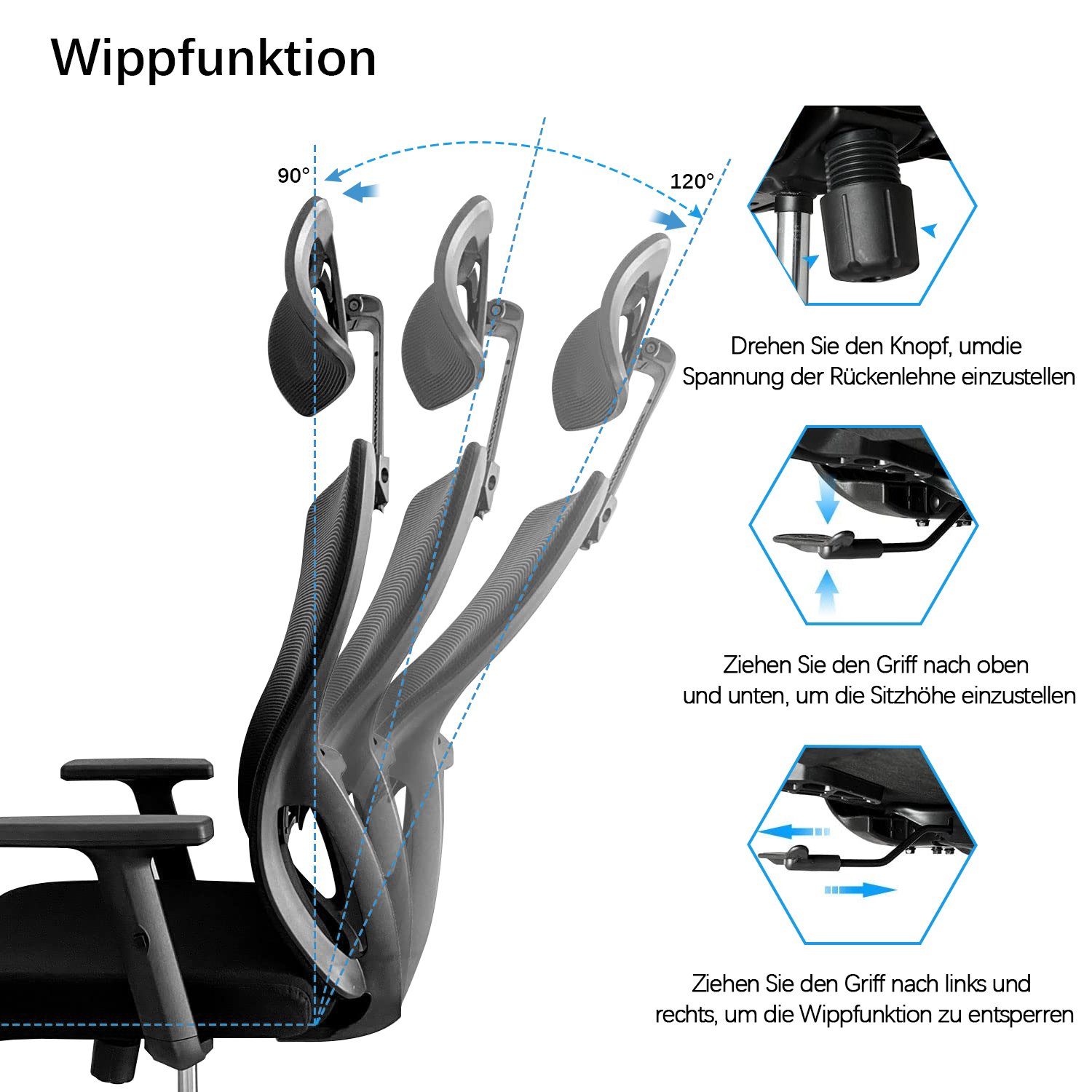Durrafy Bürostuhl Bürostuhl Ergonomischer, Mesh Drehstuhl, Schreibtischstuhl,Chefsessel, mit Wippfunktion bis 120°, Bürostuhl 150KG