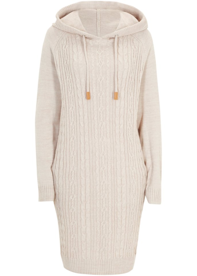 Kapuzen-Strickkleid mit Zopfmuster