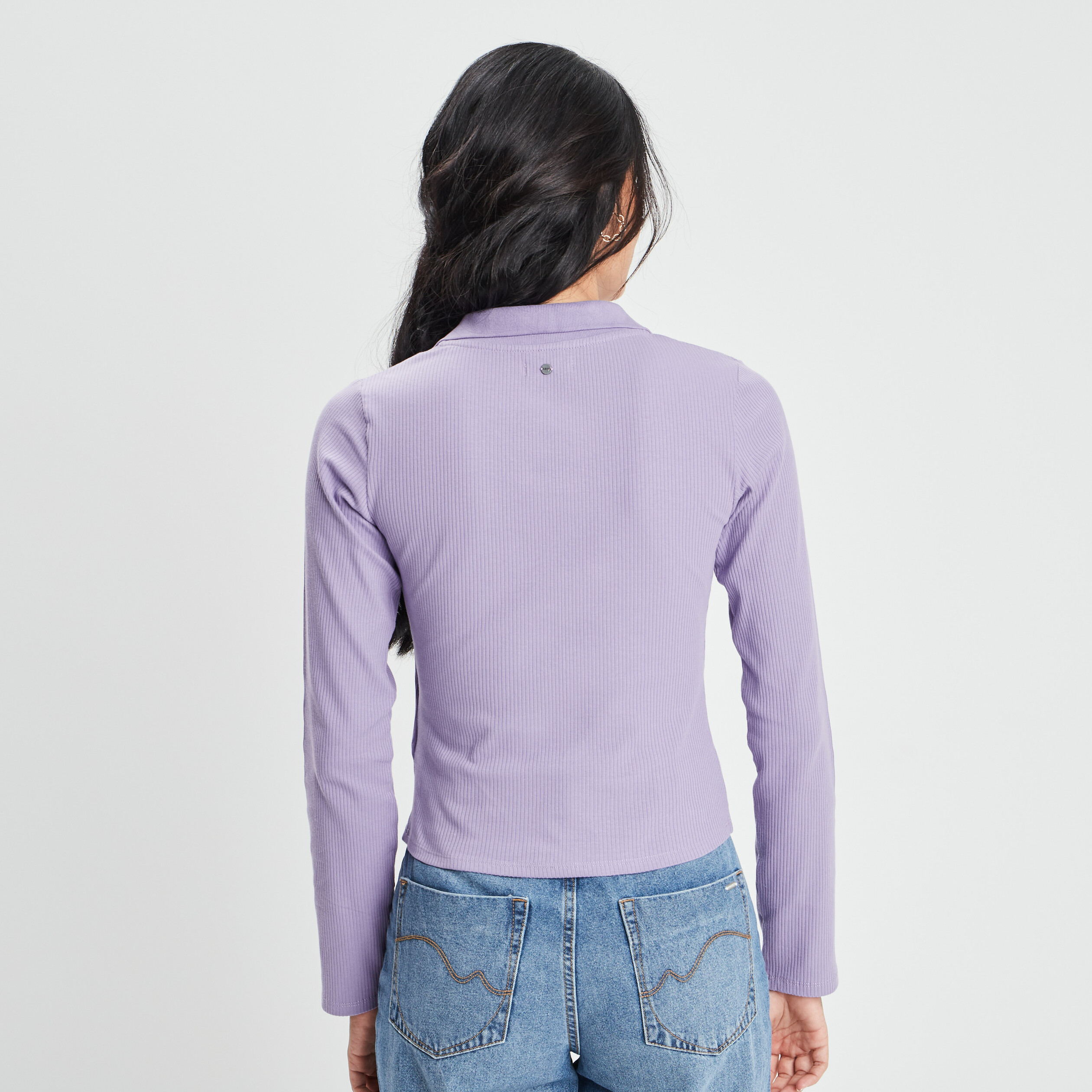T-shirt col cache-coeur côtelé violet femme | La Halle