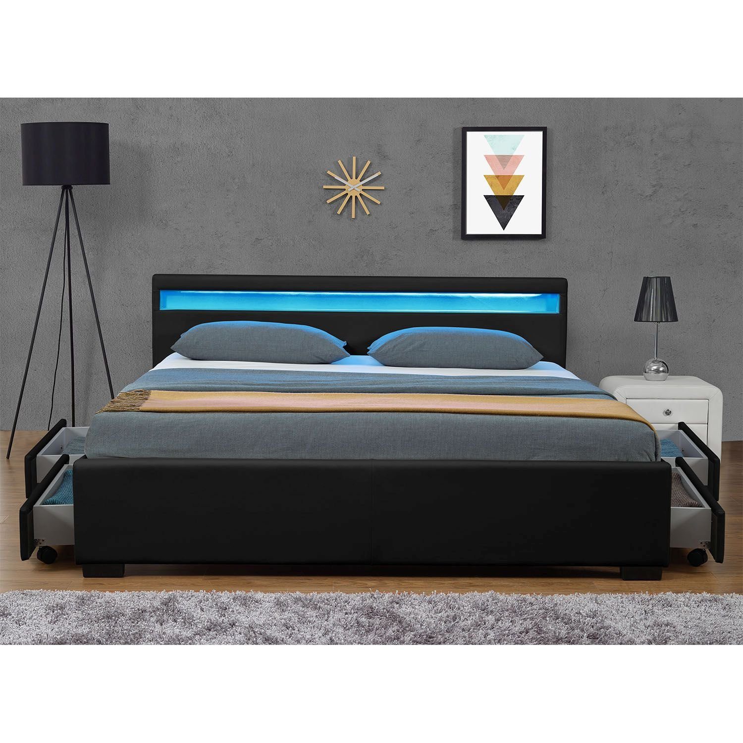 Juskys Polsterbett Lyon, 140x200 cm, ausziehbare Bettkästen, LED-Licht, gepolstertes Kopfteil