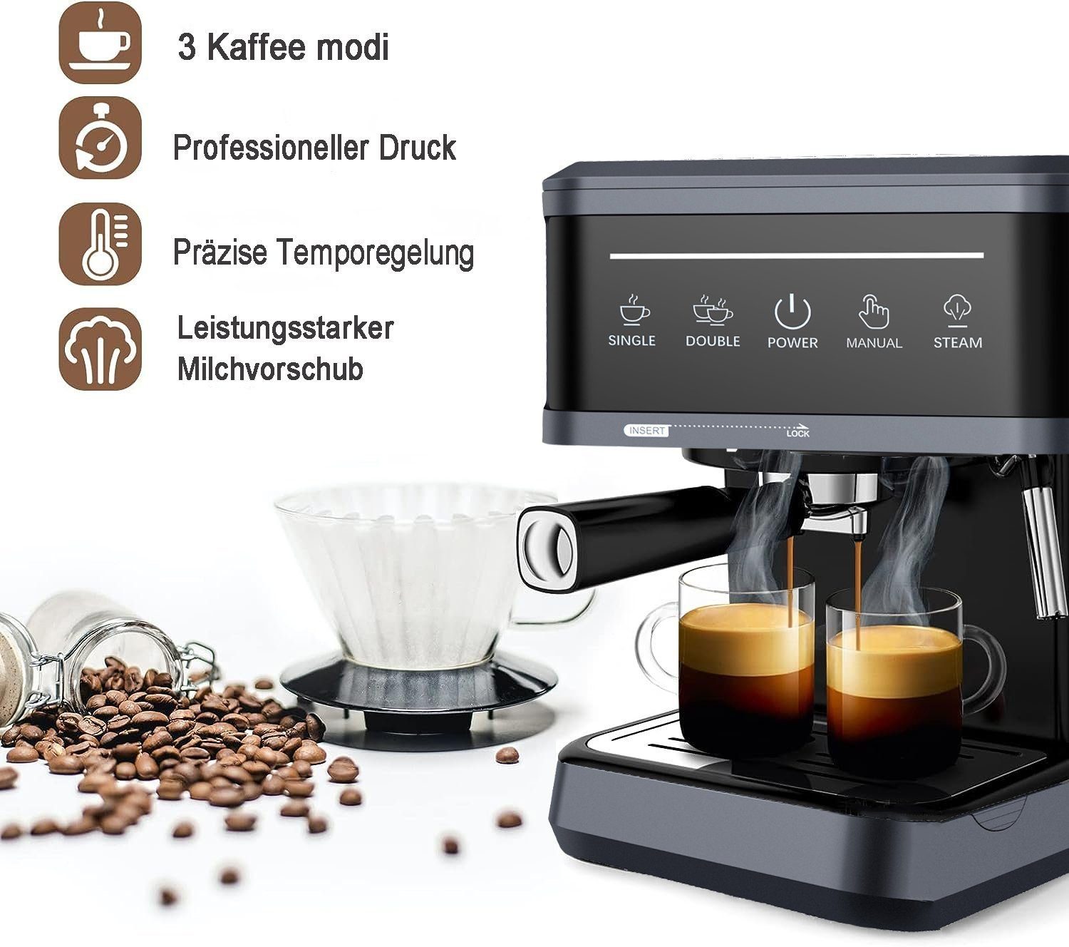 Mutoy Kaffeevollautomat Kaffeevollautomat,Espresso Siebträgermaschine 20 Bar, Kaffeemaschine für den Hausgebrauch, 850W, 1,8 Liter Wassertank