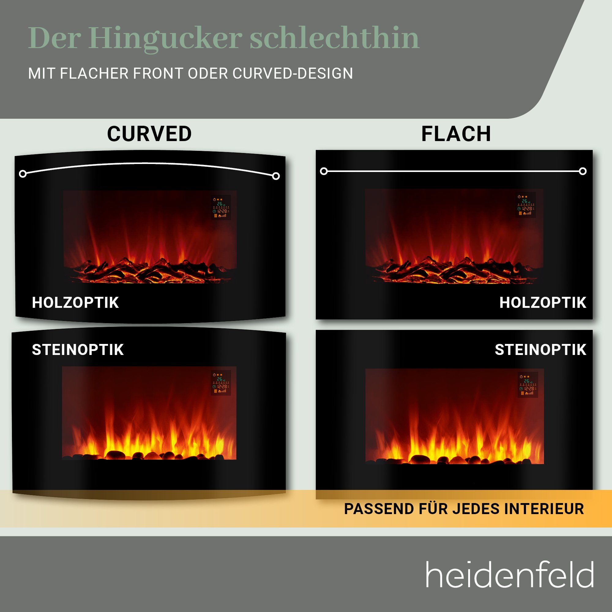 Heidenfeld Elektrokamin Kamin Heizung Wandkamin HF-WK100 1000-2000 Watt inkl. 3 Jahre Garantie, 3D Flammen - 5 Stufen Helligkeit - Fernbedienung - Elektroheizung