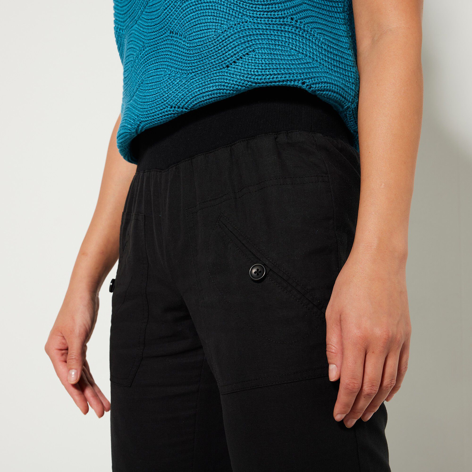 Pantalon coupe droite 7/8ème taille élastiquée, lin coton