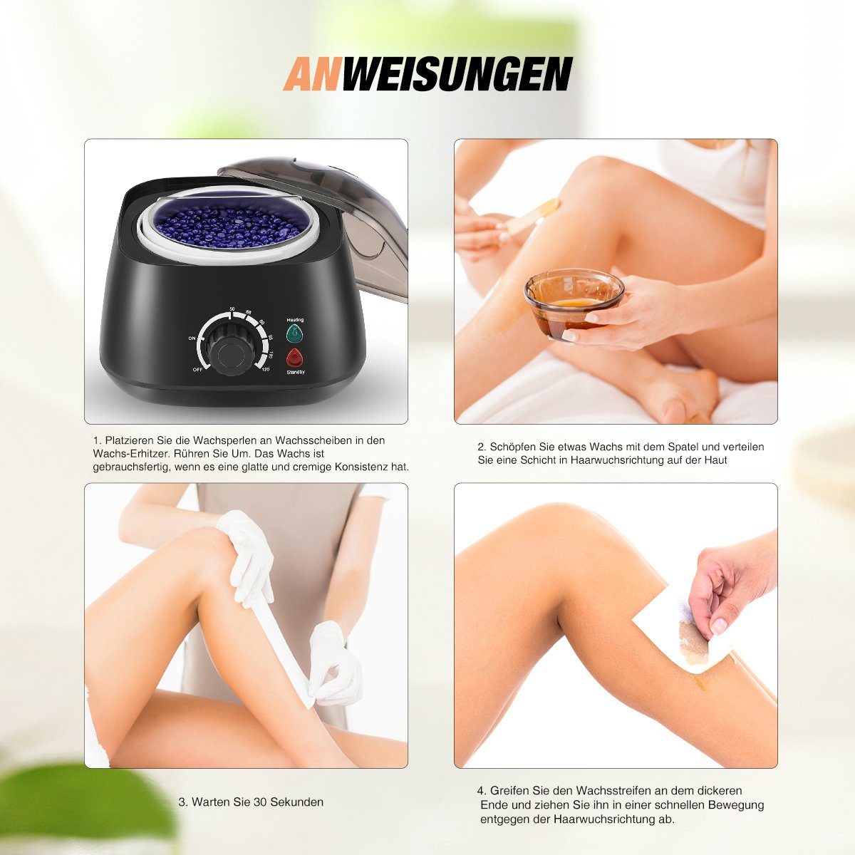 LETGOSPT Haarentferner-Set Wachswärmer, Wax Haarentfernung Heater für Gesicht, Bikini Zu Hause, Mit 4x100g Wachsperlen, 20 Stock, 5 Foil Bowls
