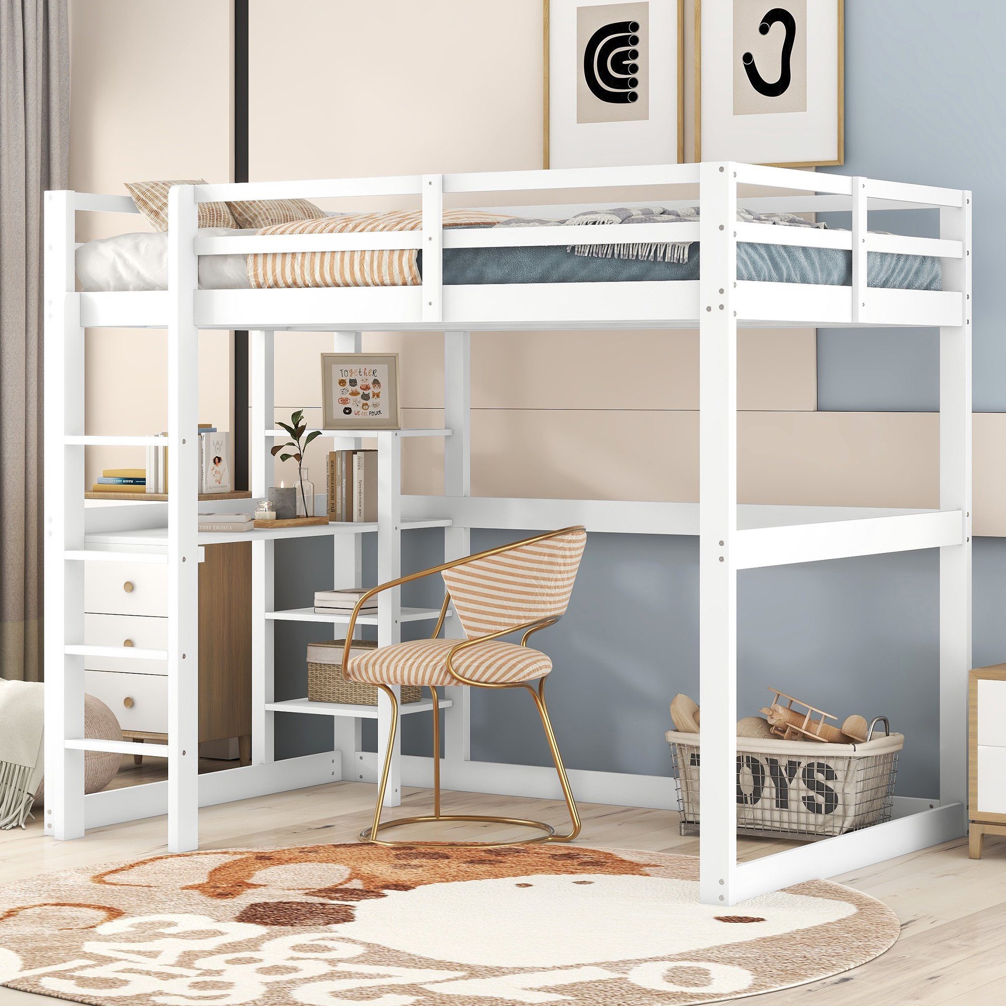 DEEP POWER Kinderbett Kinderbett Hochbett Kiefer Mit Schreibtisch+ Stauraum 140X200cm bett