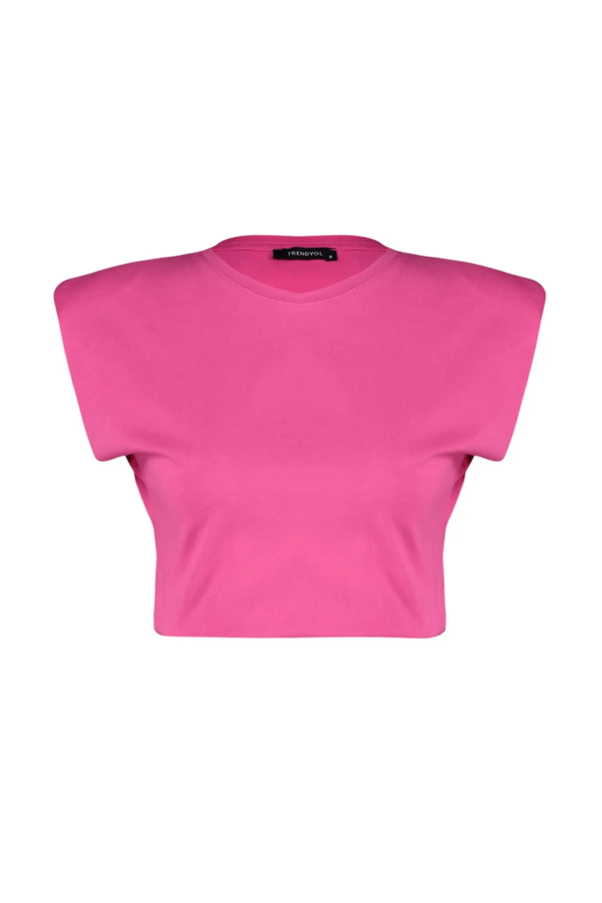 Trendyol Collection  Fuchsiafarbenes, wattiertes, kurz geschnittenes Strick-T-Shirt aus 100 % Baumwolle mit Rundhalsausschnitt TWOSS21TS0379