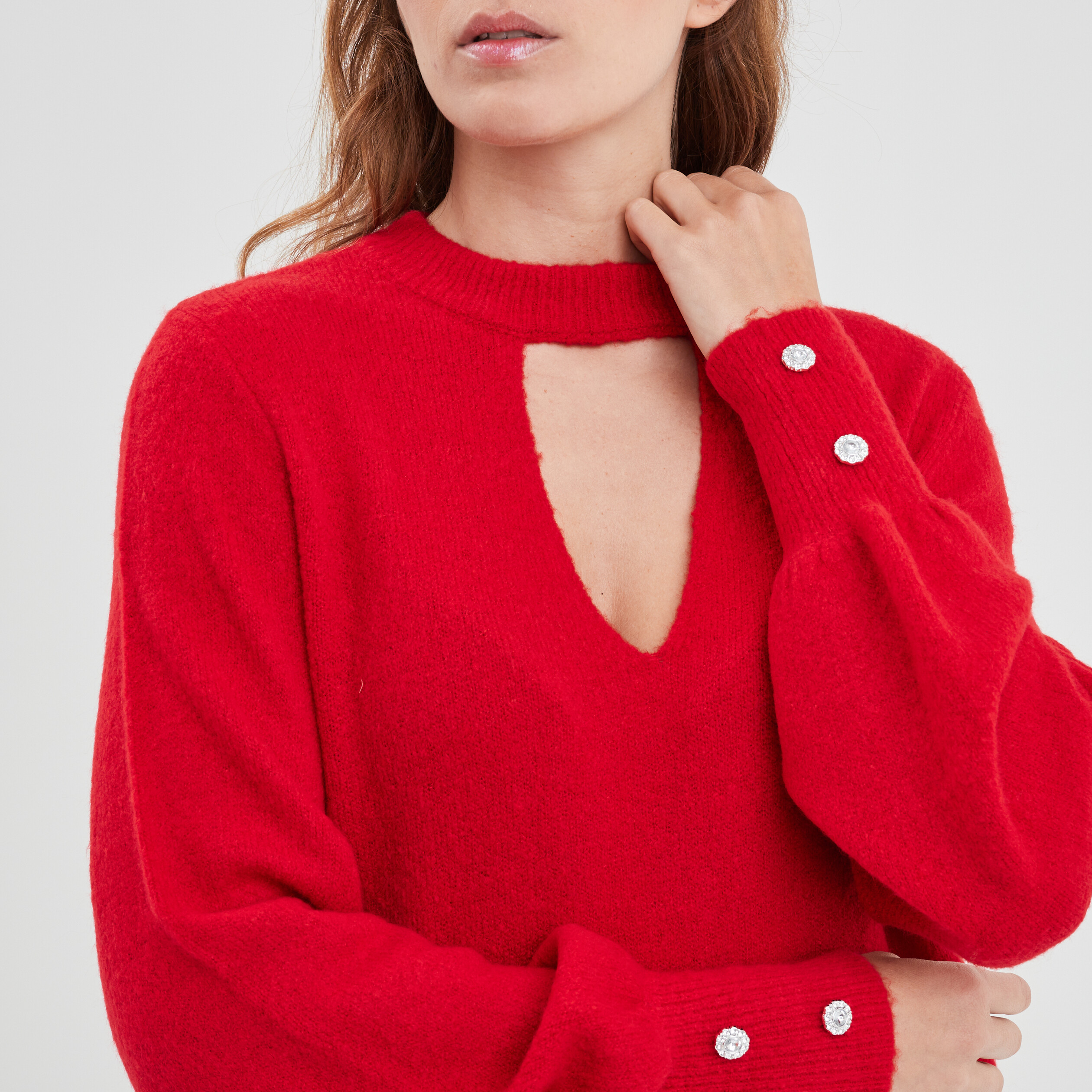 Pull col montant avec ouverture rouge fluo femme | La Halle
