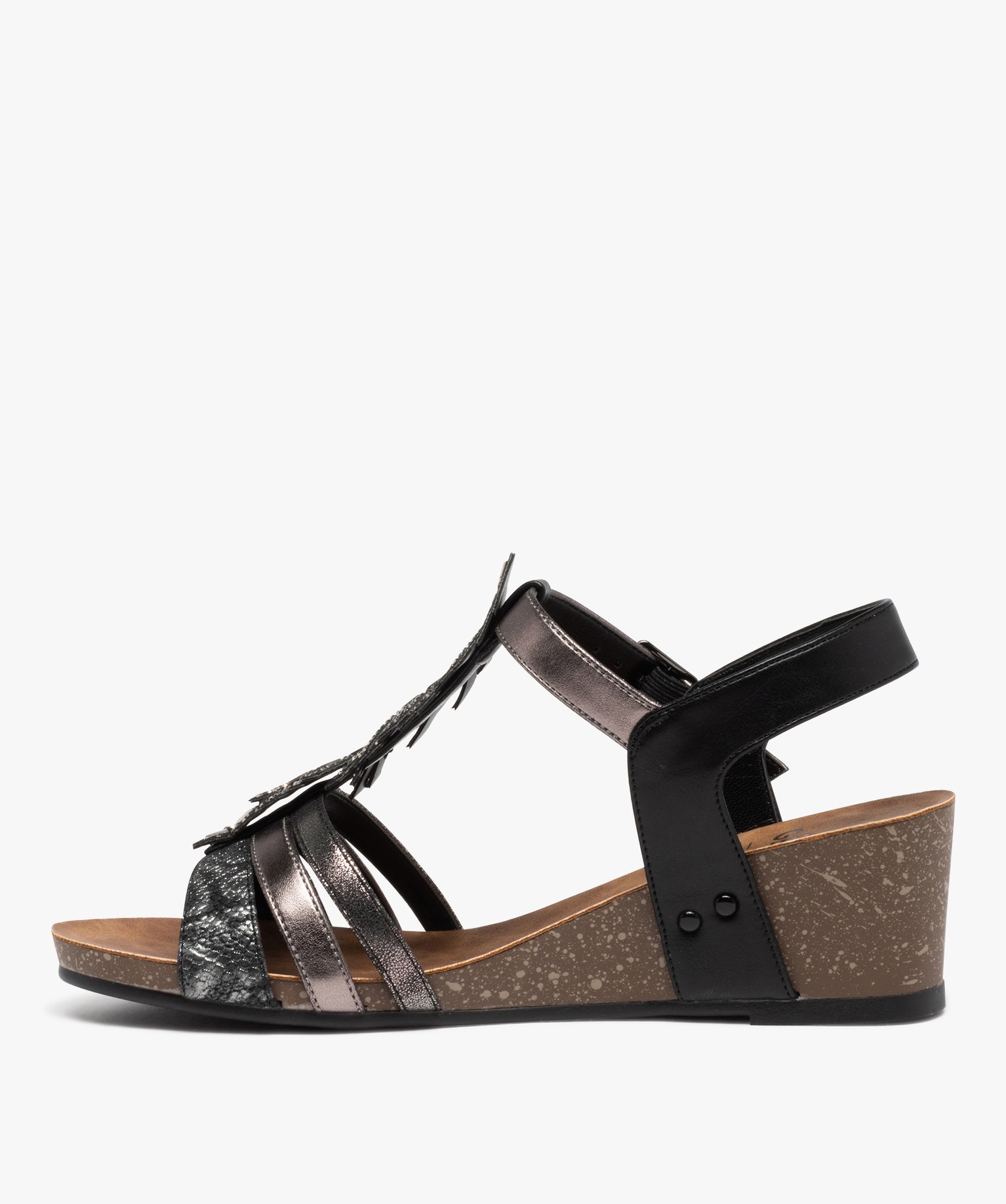Sandales femme compensées avec plume ornée de strass noir | GEMO