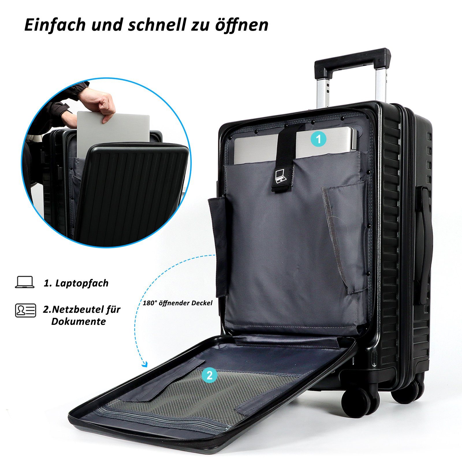 CALIYO Hartschalen-Trolley Business Trolly, Roll-Reisekoffer, Trolley Rollkoffer Erweiterbar, 4 Rollen, Trolley Rollkoffer Reisekoffer Erweiterbar mit Laptopfach