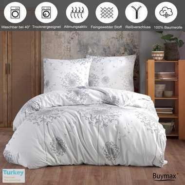 Bettwäsche, Buymax, Renforcé, 3 teilig, 100% Baumwolle Renforce Kissenbezug 80x80 cm mit Reißverschluss Blumen Blätter, Weiß Grau