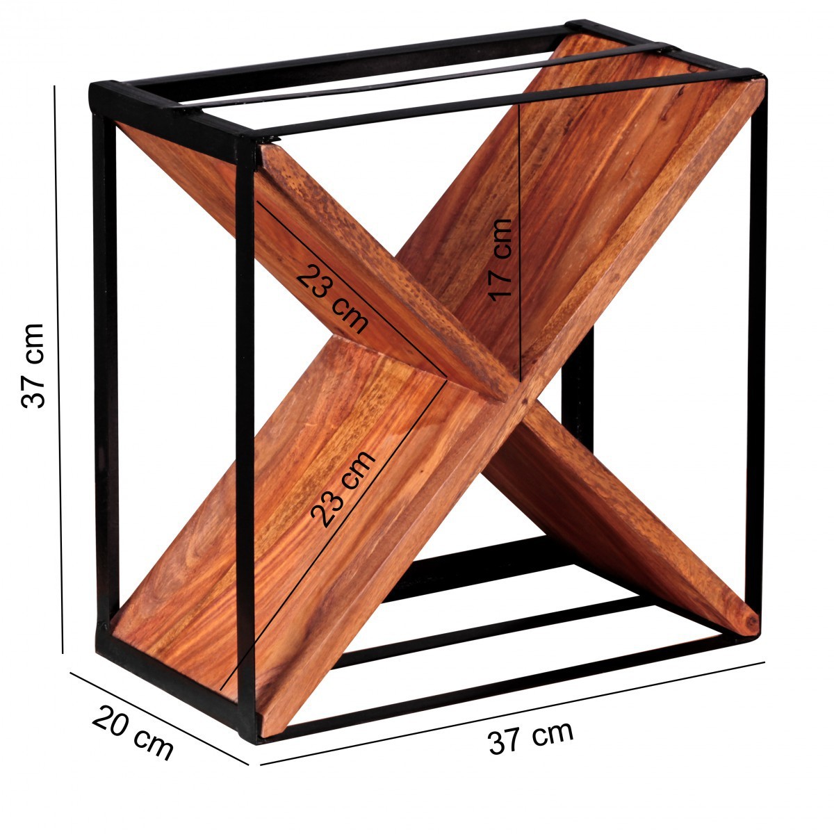 Wohnling Weinregal Massiv-Holz Sheesham Flaschenregal Standregal für ca. 16 Flaschen mit Metallrahmen Holzregal X-Form
