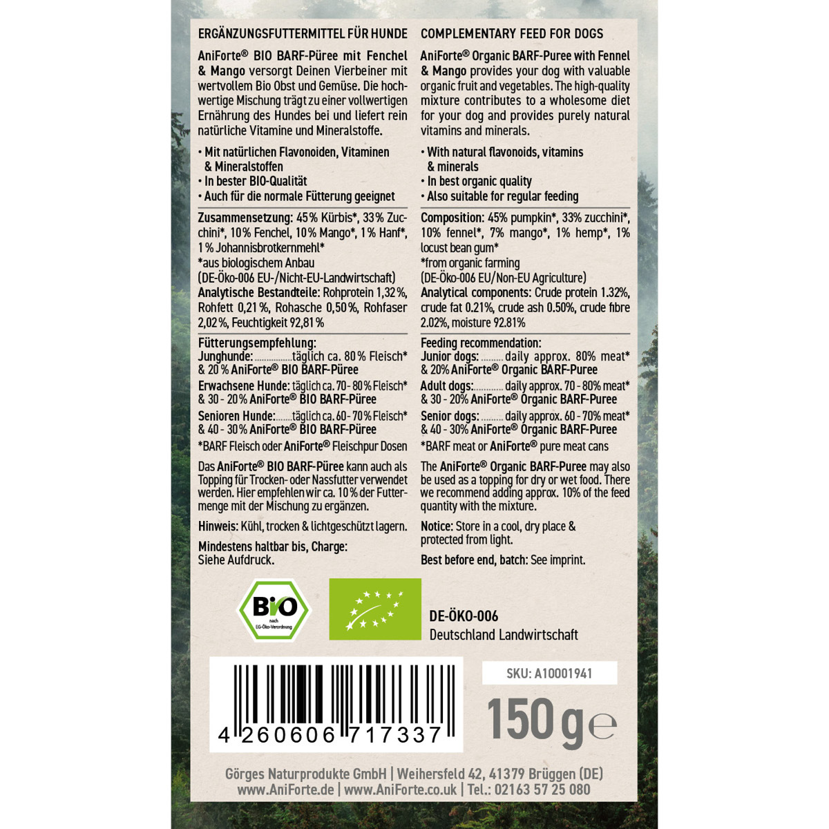 Aniforte Ergänzungsfutter & Aufzucht Aniforte BIO BARF Püree - Fenchel & Mango 5 x 150g