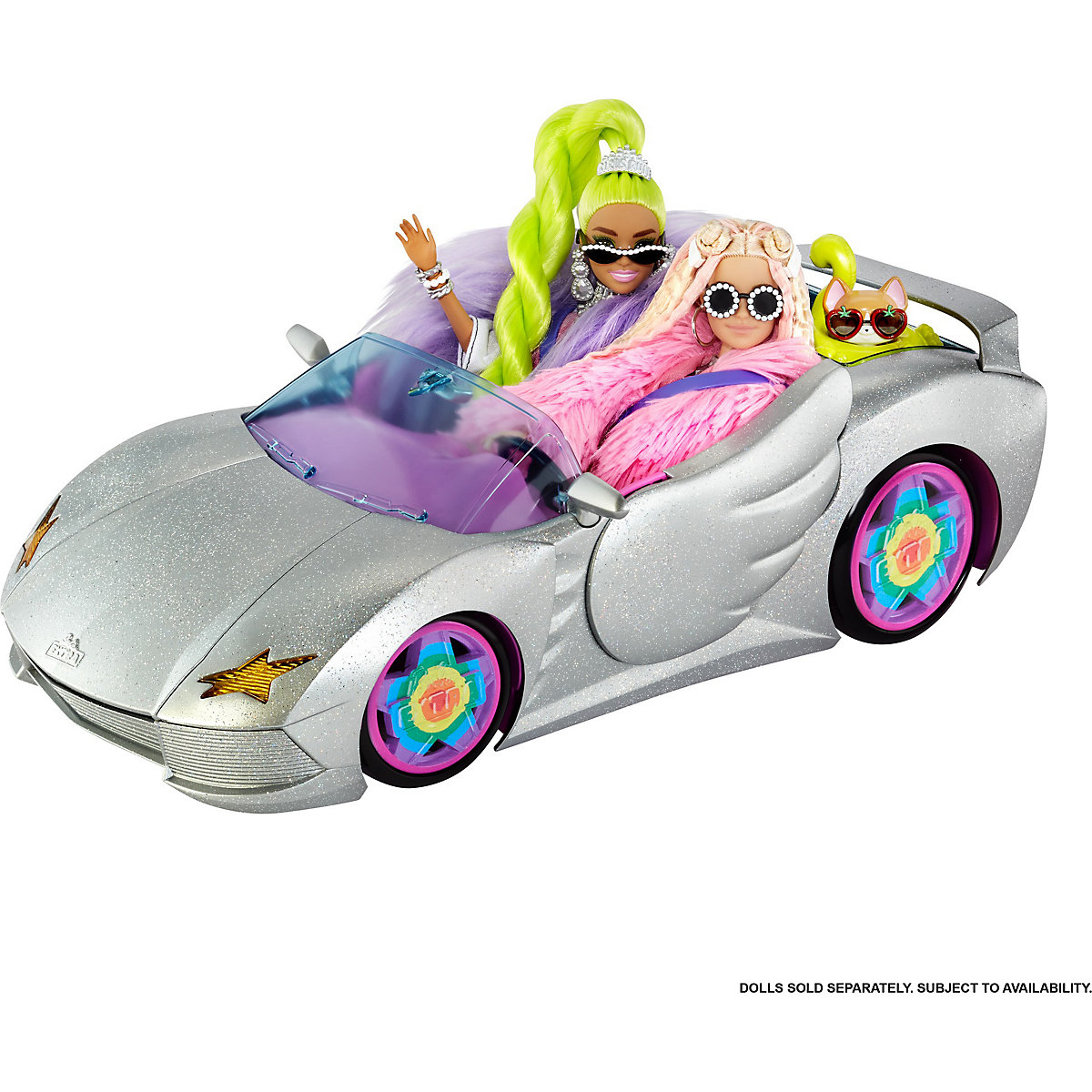 Barbie Extra Auto Cabrio (glitzert) mit Regenbogen Reifen, Zubehör