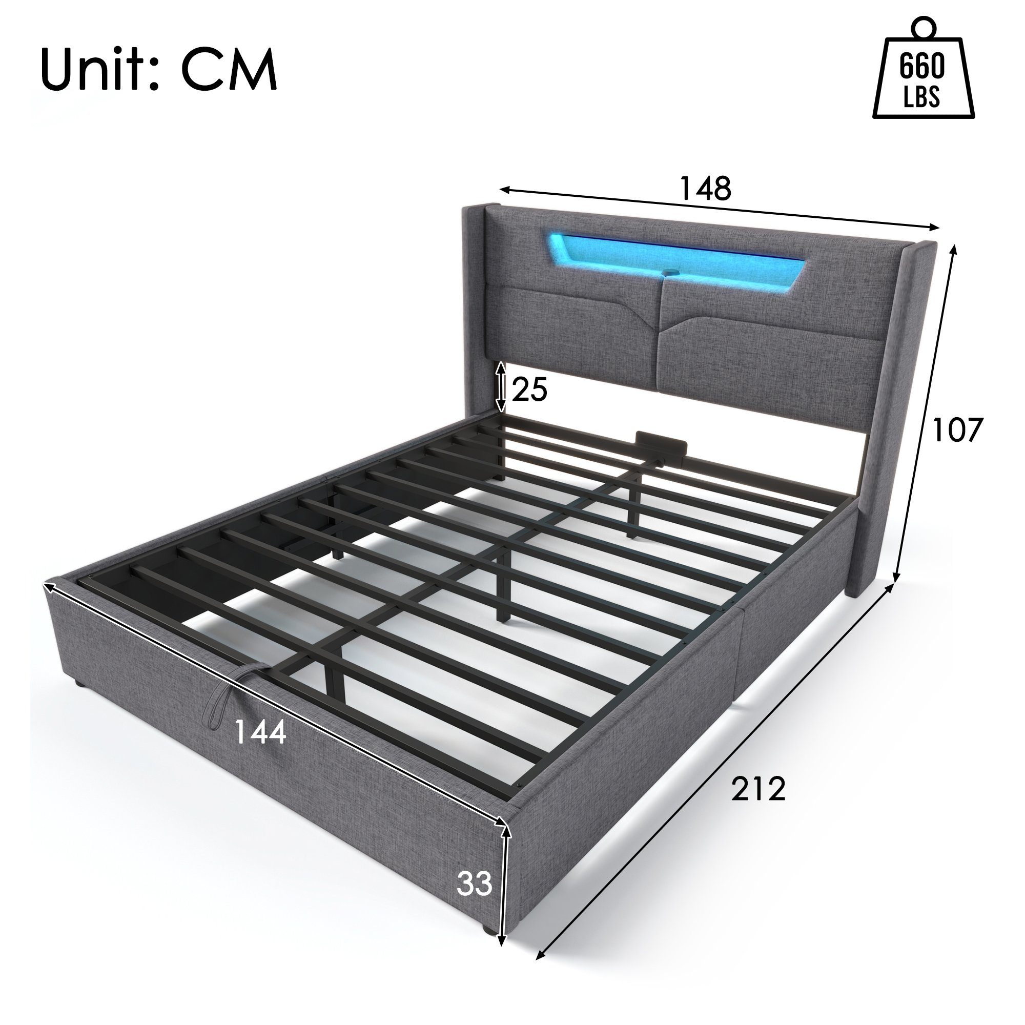 OKWISH Polsterbett LED Doppelbett mit USB Typ C Ladefunktion, 140 x 200 cm, ohne-Matratze