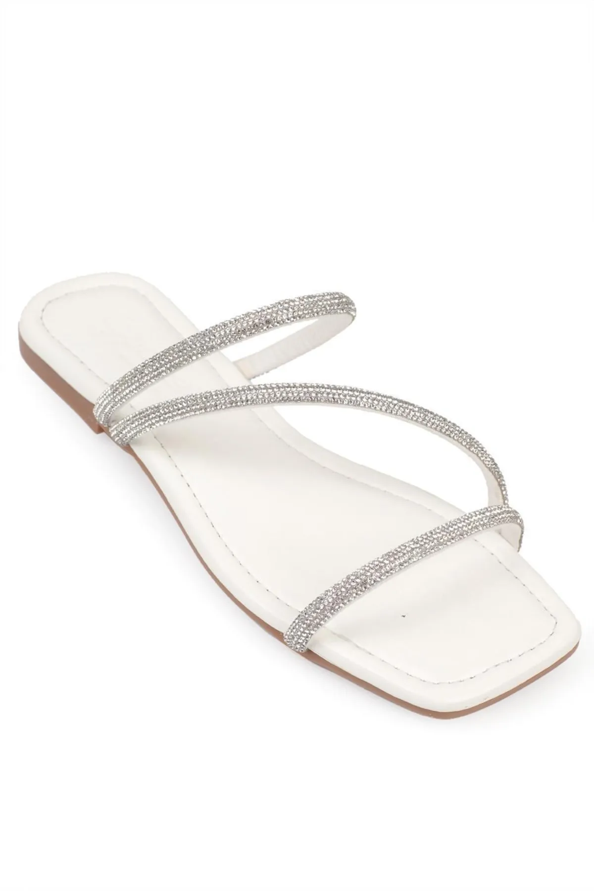 Capone Outfitters  Capone Stoned 3-Stripes Flat Heel Quilted White Damenhausschuhe