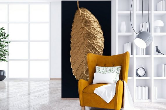 MuchoWow Fototapete Blätter - Schwarz - Gold - Luxus - Natur, Matt, bedruckt, (2 St), Vliestapete für Wohnzimmer Schlafzimmer Küche, Fototapete