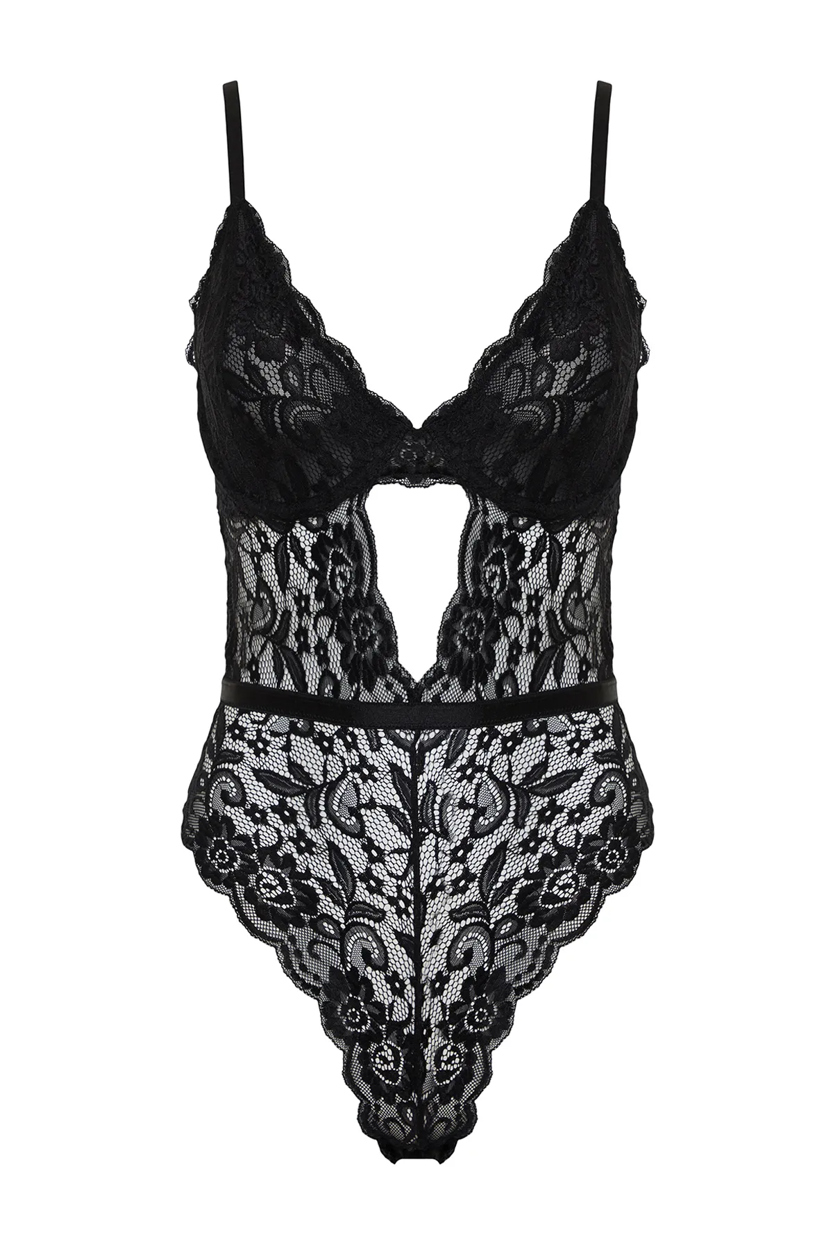 Trendyol Collection  Schwarzer Strickbody mit Spitzenfenster/Ausschnitt, Seilriemen und detailliertem THMSS24BD00003
