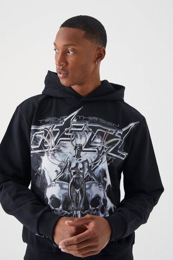 Kastiger Hoodie mit Totenkopf-Print