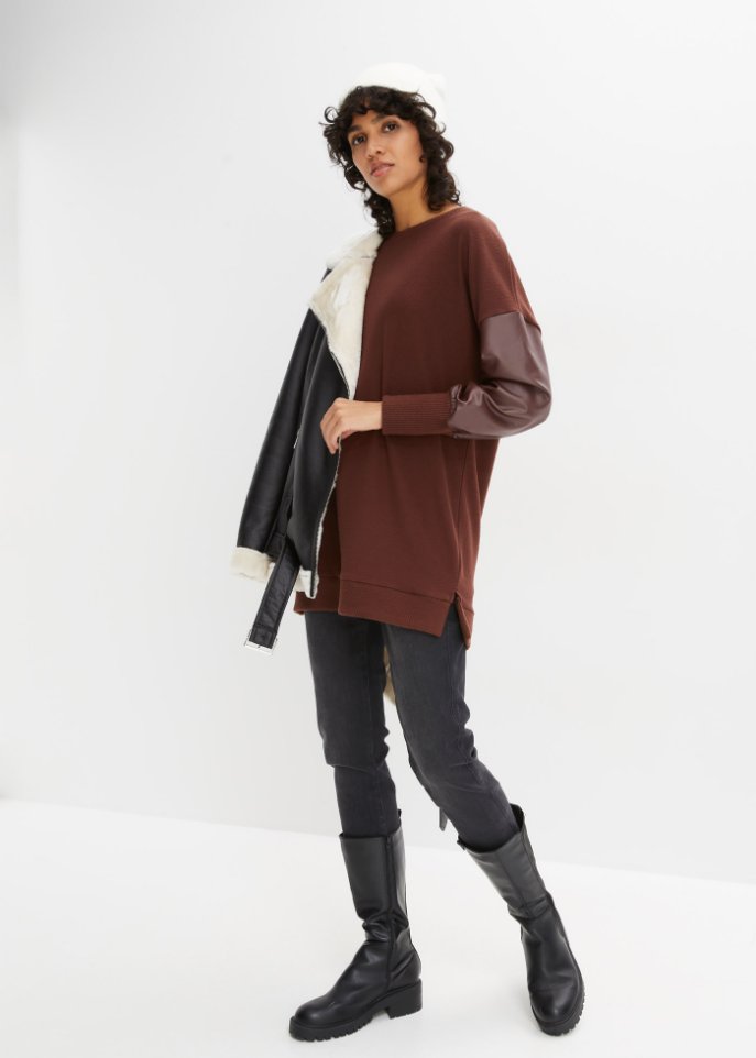 Strickshirt mit Lederimitatärmeln