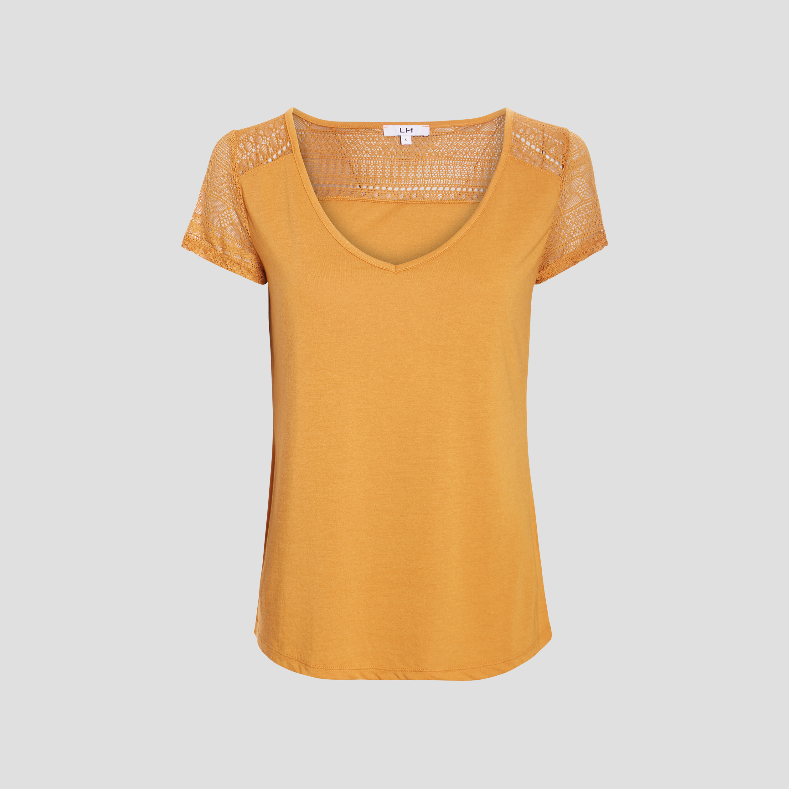 T-shirt manches courtes détail dentelle jaune moutarde femme | La Halle