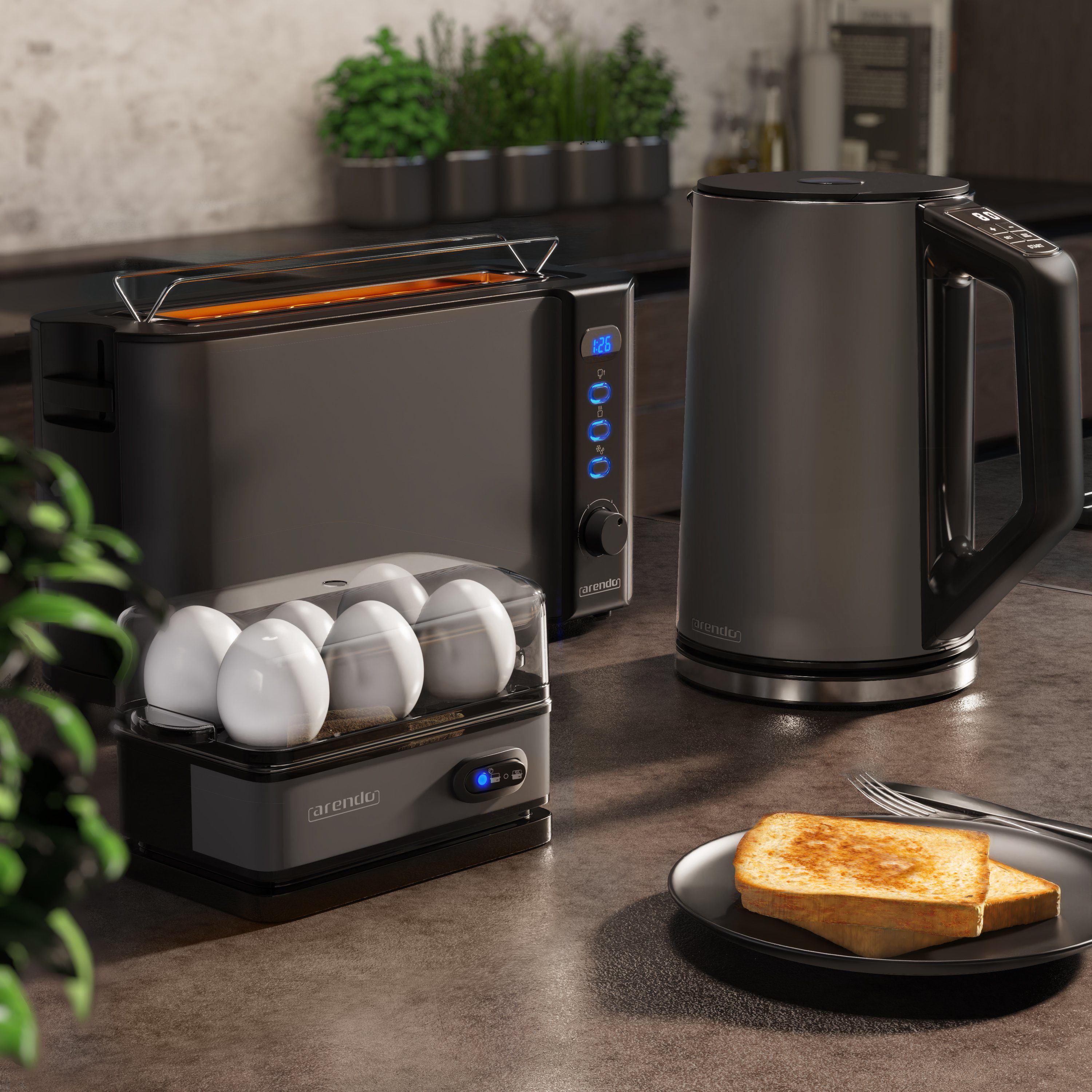 Arendo Frühstücks-Set (3-tlg), Wasserkocher 1,5l / Langschlitz Toaster / Eierkocher, Edelstahl, Grau